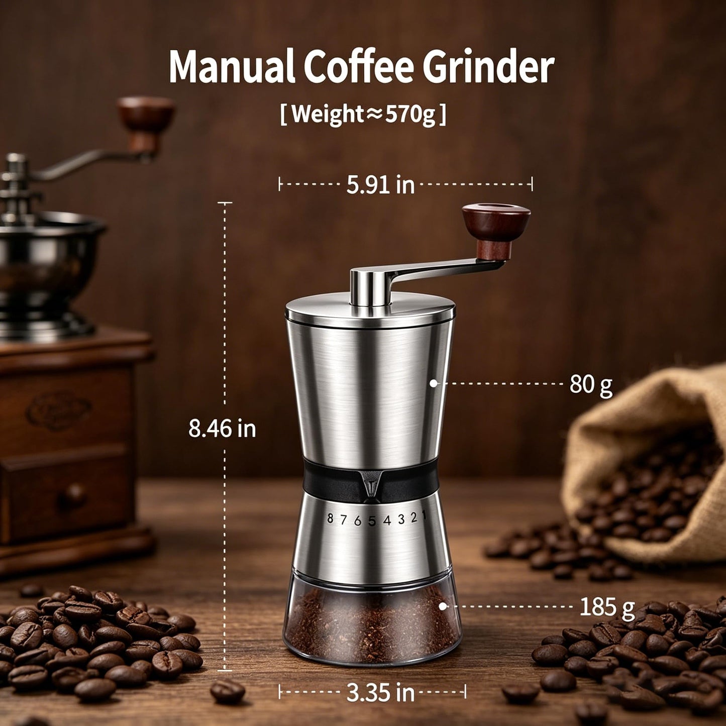 BOMANSI BOMS Manual Coffee Grinder - 8 Adjustable Coarseness Settings, Hand Crank Coffee Mill, Large Capacity, Portable Hand Coffee Grinder for Moka pot, French Press, Drip, Espresso, Gift
