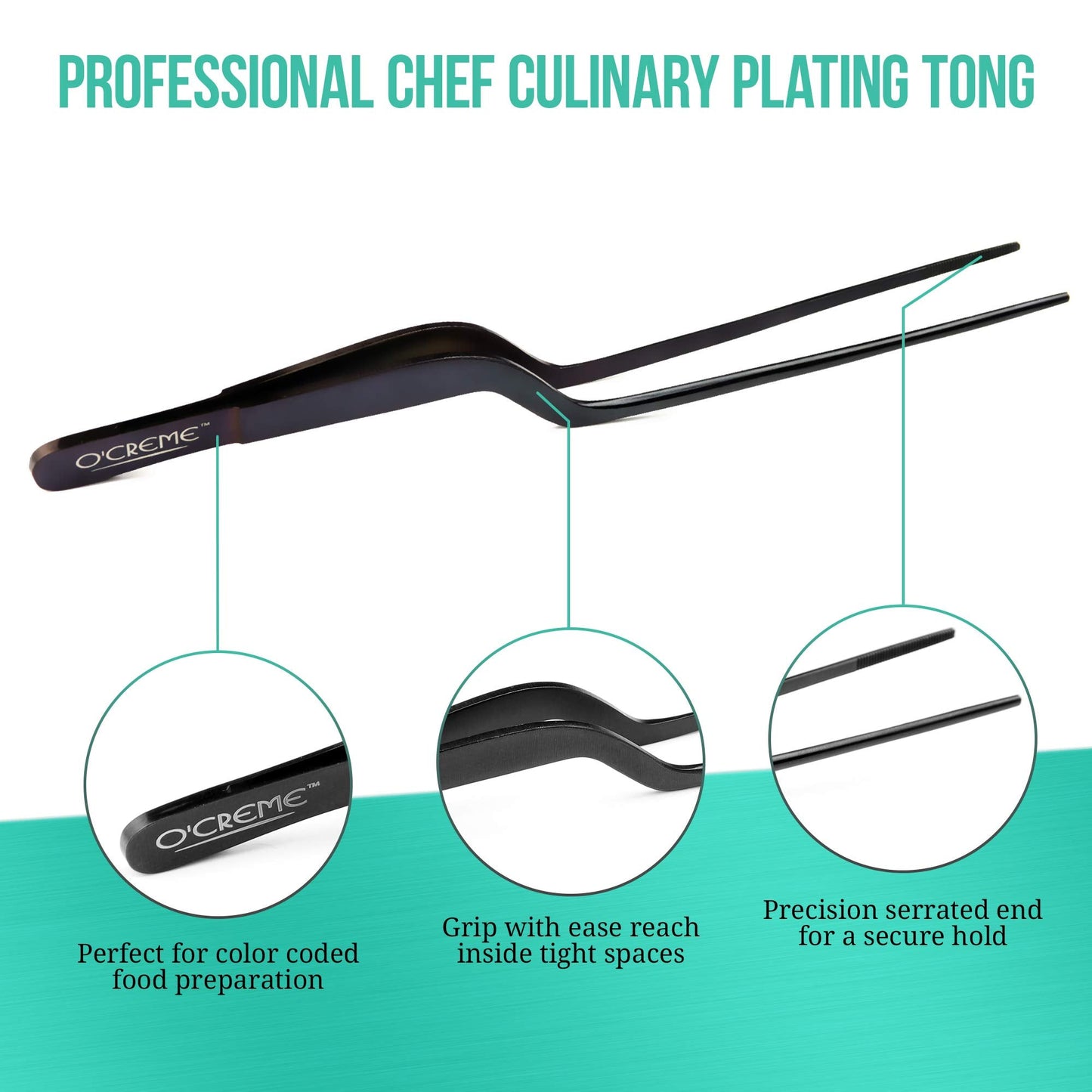 O'Creme 8 Inch Black Stainless Steel Precision Kitchen Culinary Offset Tweezer Tongs