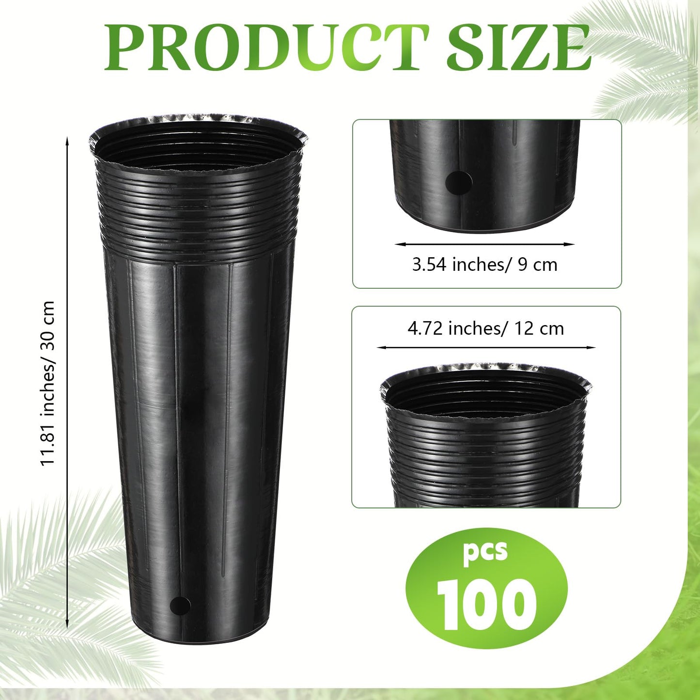 Ferrochef 100 Pack Tall Tree Pot 11.8'' x 4.7'', Black Plastic Deep Nursery Pots, Soft Deep Seedling Pots for Seed Starting, Plant Starter Cups with Drainage Holes for Flowers, Cutting & Transplanting