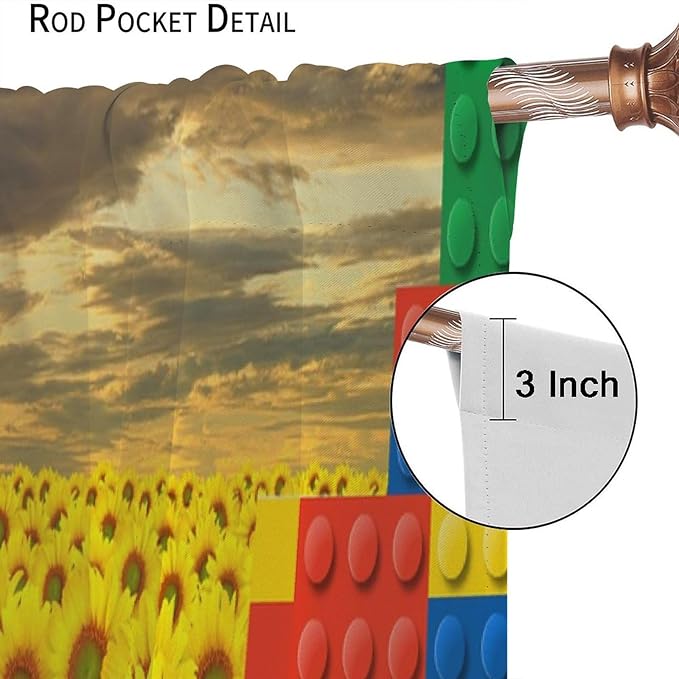 Colorful Building Blocks Sunflower Flower 3D Toy Printed Curtains, Building Blocks, Floral Sunflower Curtains, Interesting Brick 3D Design, Boys and Girls Room Curtain Panels, 2 Panels 55x63in