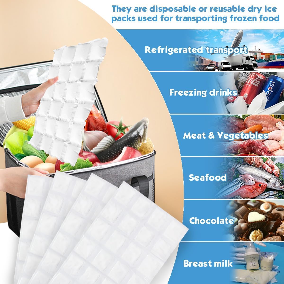 WAQIWARON Ice Sheets for Coolers Reusable - Ice Pack Sheets - 4 Large Flat Freezer Packs for Coolers - 96 Cube Ice Packs for Flexible Ice Mat - Long Lasting Ice Packs for Cooler