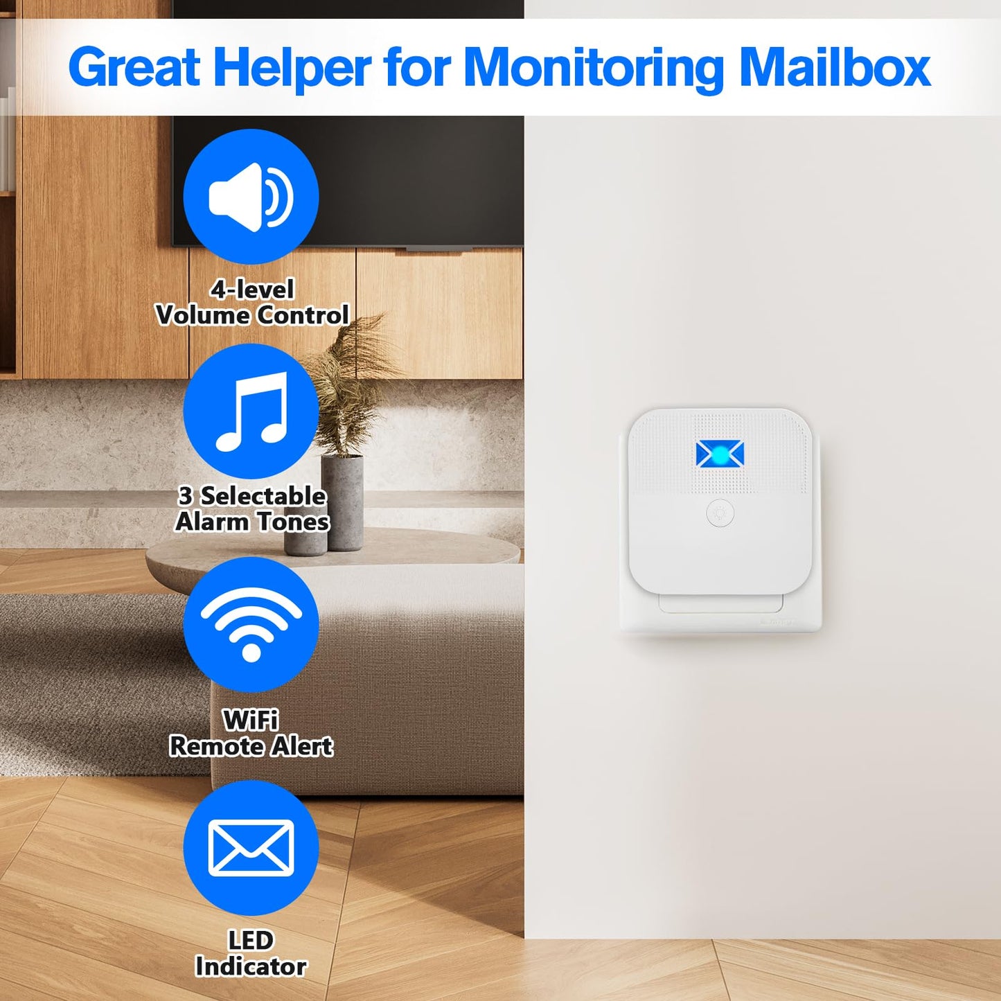 Smart Mailbox Sensor with WiFi,Mailbox Alert for Delivered Mail,500 ft Long Range Wireless Mailbox Alarm with LED Light and Sound Reminders,Mailbox Security System 2.4G WiFi Compatible