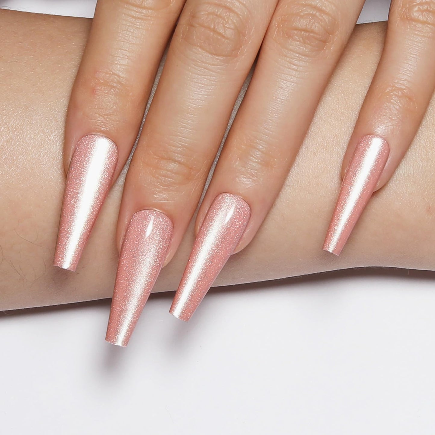 Handmade Press on Nails - Soft Pink Fake Nails | Velvet Effect Design Light Color Nails | Glossy,Glitter,Gradient Color,Reusable Long Acrylic Nails | 12 Sizes - 24 Nail Kit with Jelly Glue
