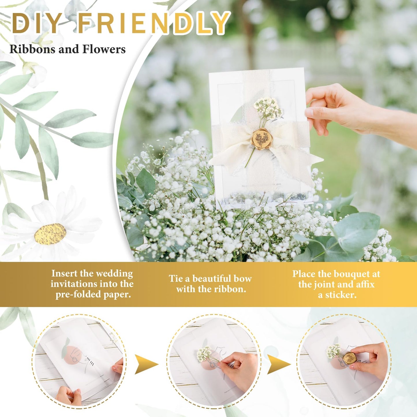 Fuyoooo 30 Set Wedding Invitations Wraps Set Pre Folded Vellum Jackets for 5 x 7 Invitations Self Adhesive Gold Wax Seal Stickers Dried Baby's Breath Flowers Chiffon Silk Ribbon for Craft DIY