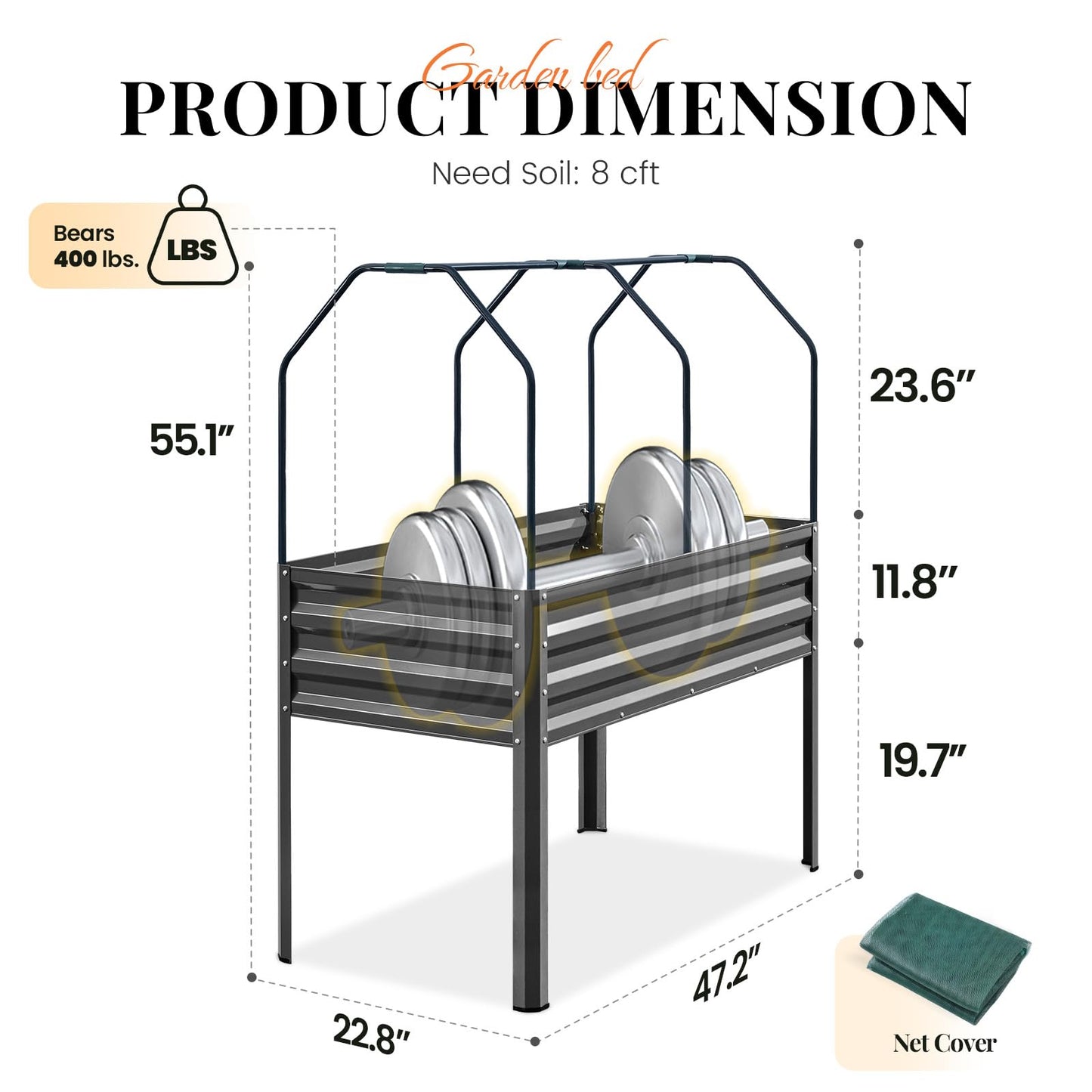 KING BIRD Large Raised Garden Bed with Netting Galvanized Elevated Planter Box with Legs 48×24×56 in for Backyard, Patio, Balcony, 400lb Capacity, Dark Grey