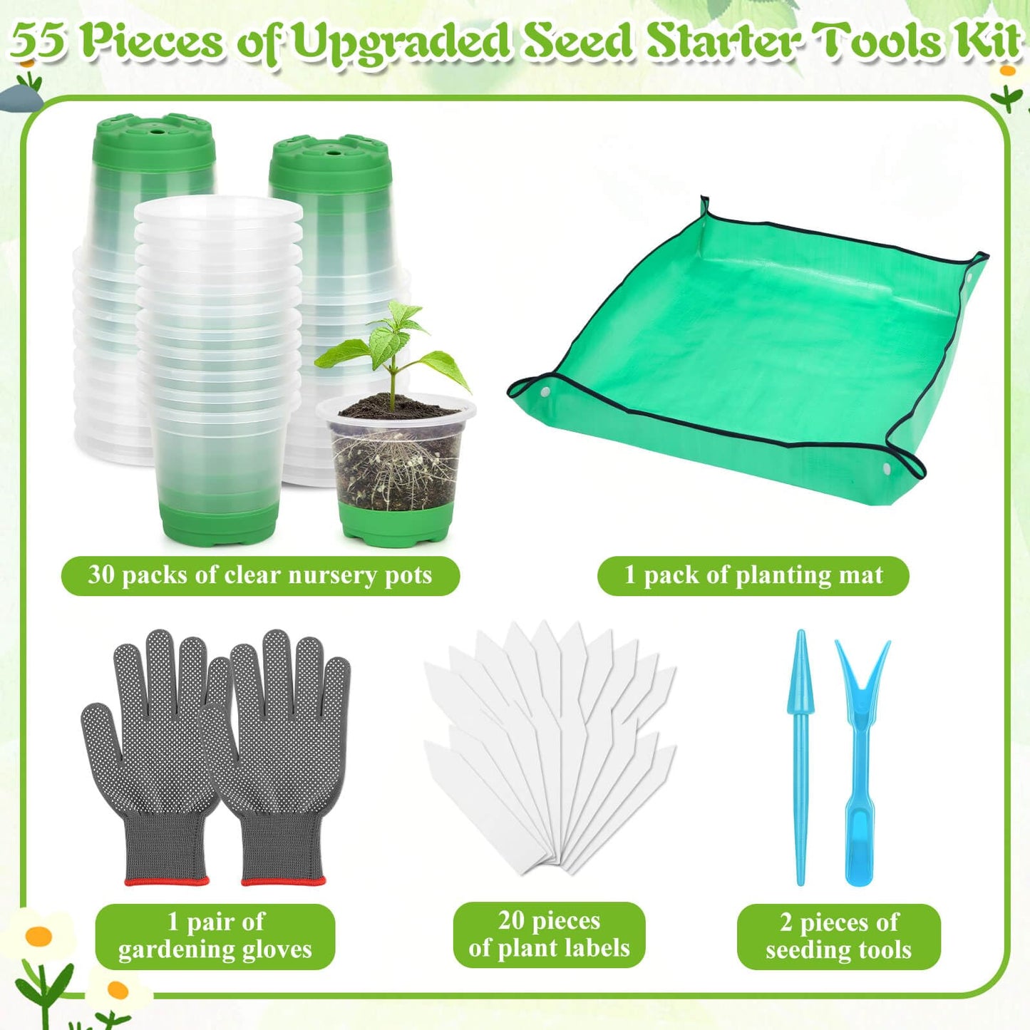 Caffox 55PCS Reusable Seed Starter Kit Includes 30 Packs 3.5" Clear Nursery Pots with Silicone Base, Repotting Mat, Gardening Gloves, Plant Labels and Seedling Tools for Easy Transplant