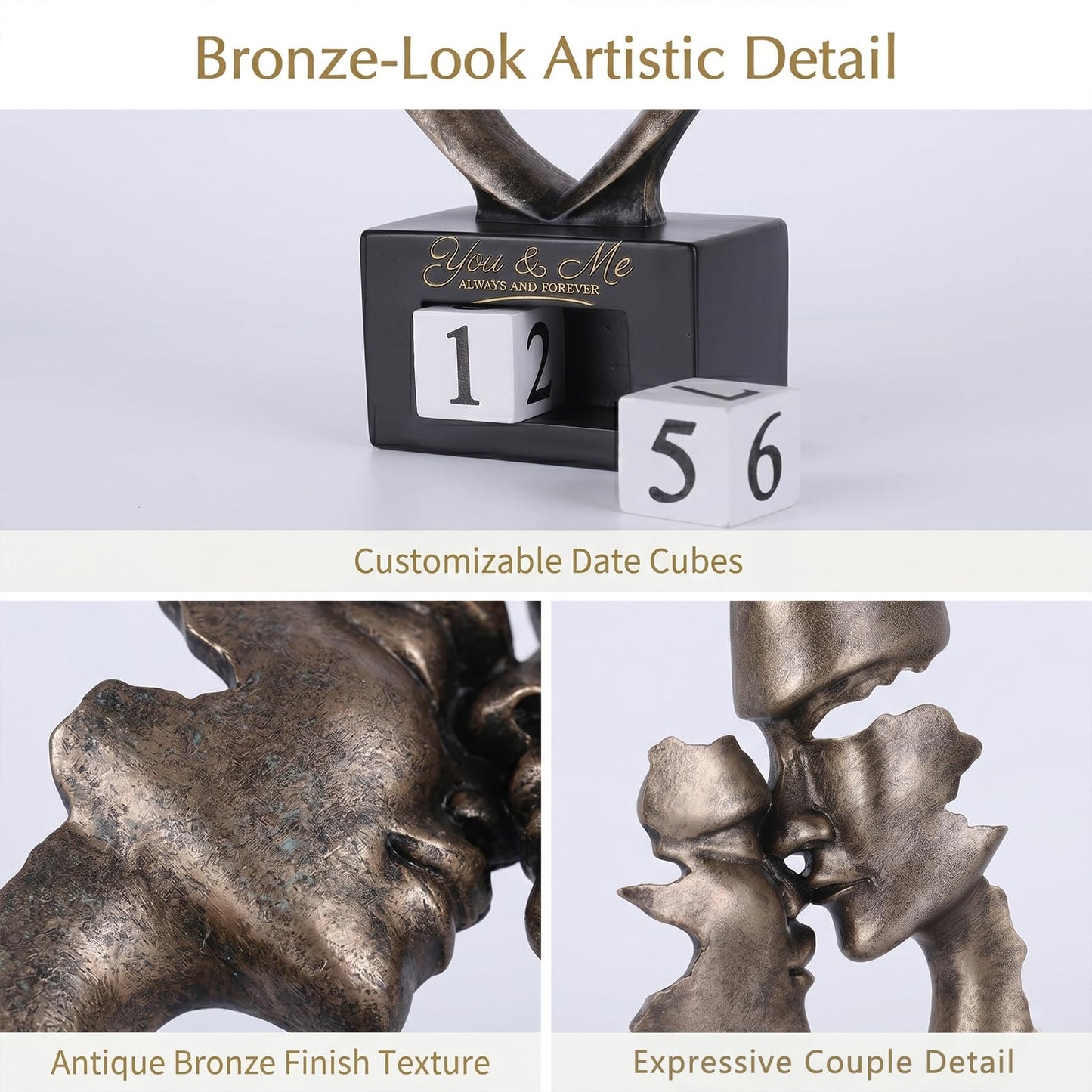 9.84in H Resin Couple Statue with Interchangeable Number Blocks, Antique Bronze Finish Modern Abstract Romantic Couple Figurine for 1st to 50th Wedding, Shelf Bookshelf Bedroom Decor