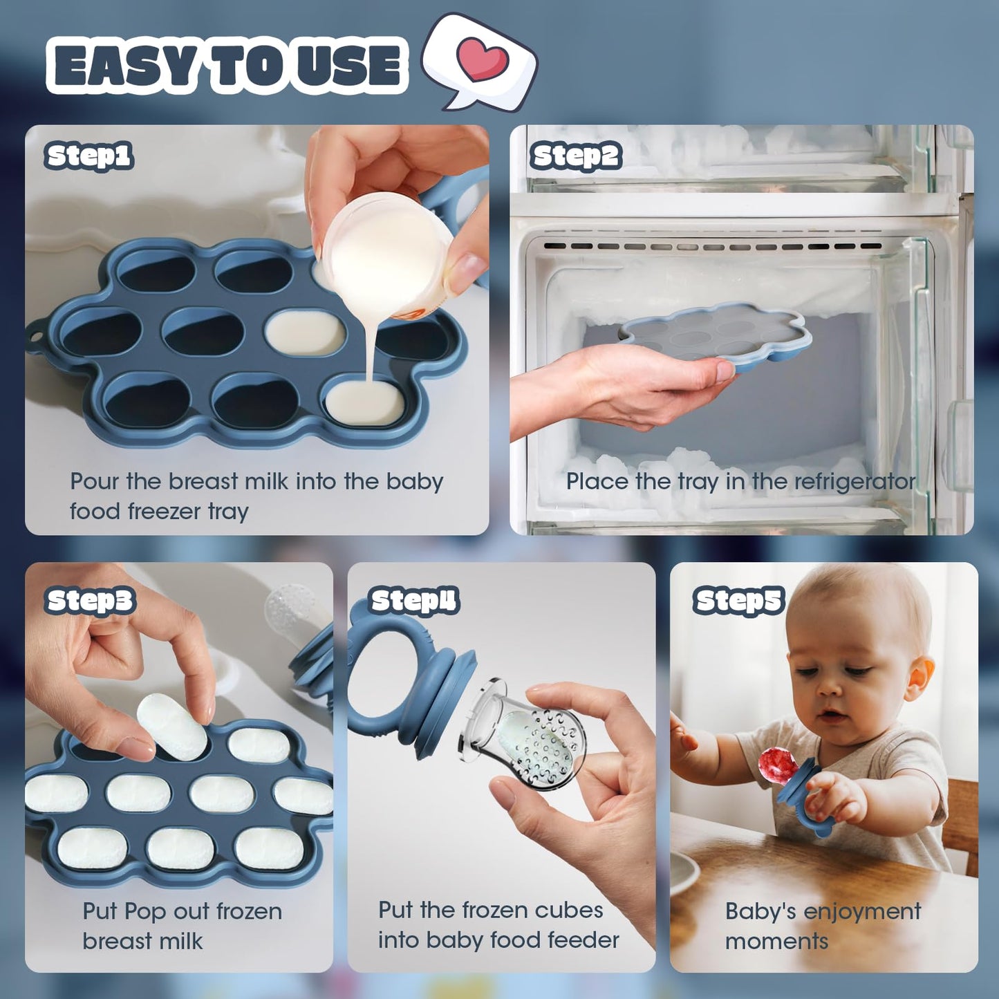 Baby Fruit Food Feeder & Breastmilk Popsicle Molds for Teething Relief, Baby Feeding Sets, 1 Freezer Tray with Lid & 1 Teether Toy & 1 Silicone Teething Pacifier Feeder, Extra Food Pouches (Blue)