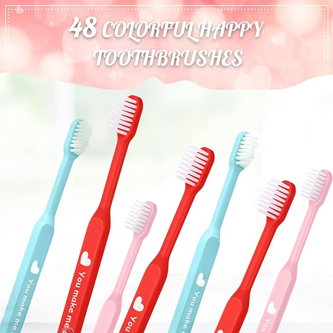 48 Pcs Toothbrushes, Individually Wrapped Toothbrush for Giveaways, Festive Red, Blue and Pink Design