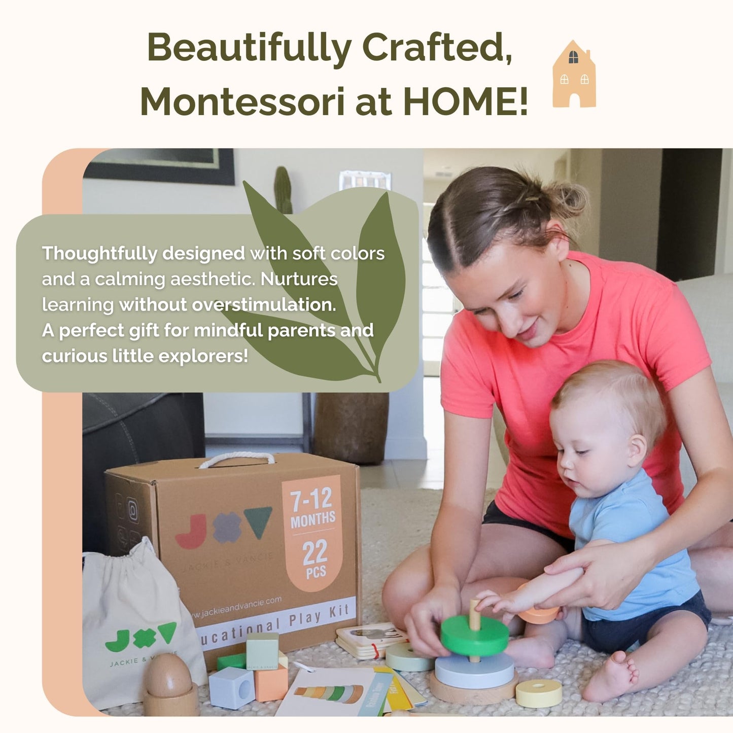 Jackie & Vancie Montessori Toy Set for Babies 7-12 Months Play Kit 6-in-1 Wooden Learning Toys with Object Permanence Box, Ring Stacker, Egg & Cup, Multipurpose Blocks and Mirror Puzzle