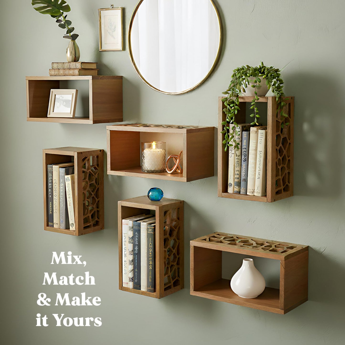 Solid Wood Floating Cube Shelves, Set of 2 - Italian-Designed Wall Box Shelves with Carved Organic Cut-Out, Unique Wall Decor for Bathroom, Bedrom, & Living Room | TAVOLINI
