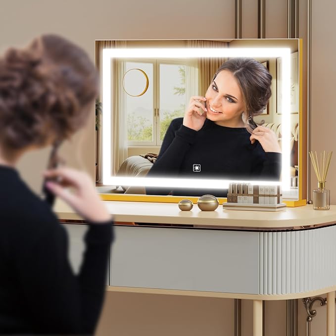 Makeup Vanity Mirror with Lights 20" L x 26" W Large LED Makeup Mirror, Light up Mirror with 10X Magnification and USB Charging Port, Dimmable 3 Modes, Touch Screen Control Gold