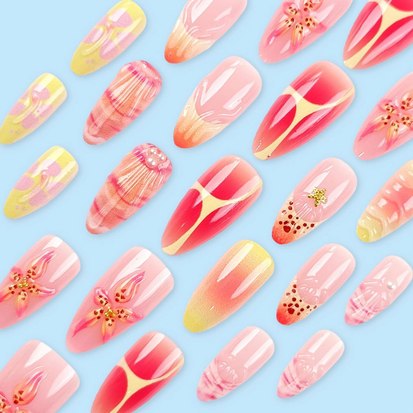 MISUD Press on Nails - Medium Almond Fake Nails with Summer Beach Acrylic Handmade 3D Flower Design 24 pcs