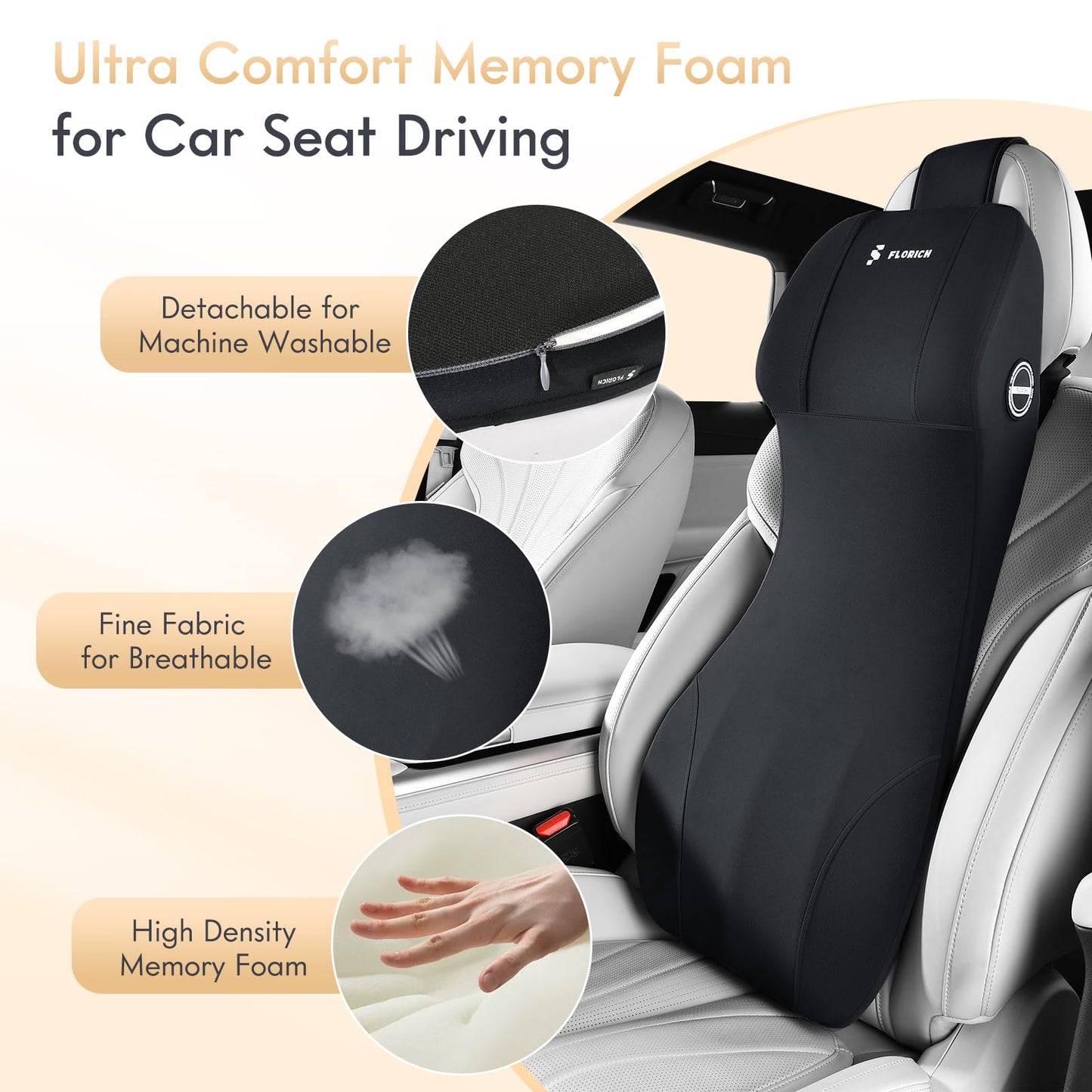 FLORICH Lumbar Support with Car Headrest Pillow 2-in-1 Memory Foam Car Seat Headrest & Lumbar Cushion Ergonomic Back Support Pillow Seat Cushion for Car Seat Driving Neck Back Pain Relief, Black