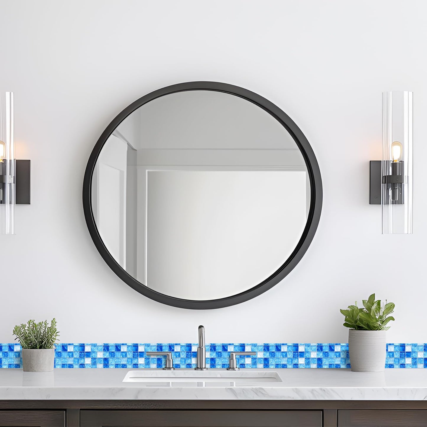 HOMETITUTE Wallpaper Border Peel and Stick Wall Border 4x196 Inch Blue Mosaic Tile Wallpaper Trim Decorative Accent Strip for Bathroom Kitchen Mirror Frame Wall Décor