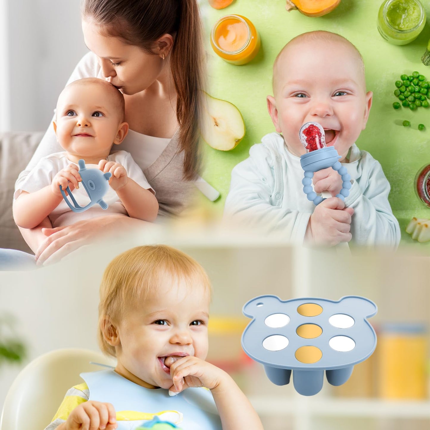 Gedebey 3-in-1 Baby Food & Fruit Feeder Set – Breastmilk Popsicle Mold with Freezer Tray, Teething Relief Toy, BPA Free Infant Silicone Feeding Combo, 3 Bonus Sizes (S/M/L) Sacs (Sky Blue)
