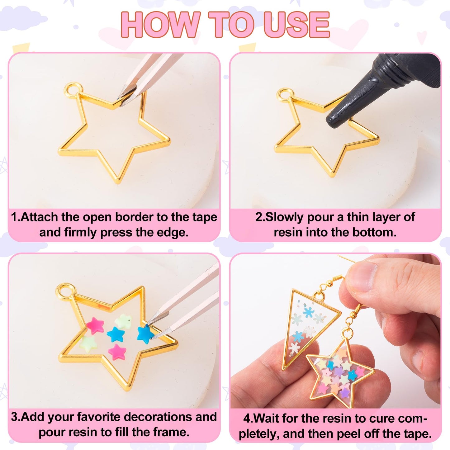 CustomyLife 28 pcs Open Bezels with 100pcs Jump Rings, 14 Styles Gold Heart Star Moon Hollow Frame Pendant Epoxy Mold Kit for Resin Casting, DIY Jewelry Making, Necklaces, Earrings Making Supplies