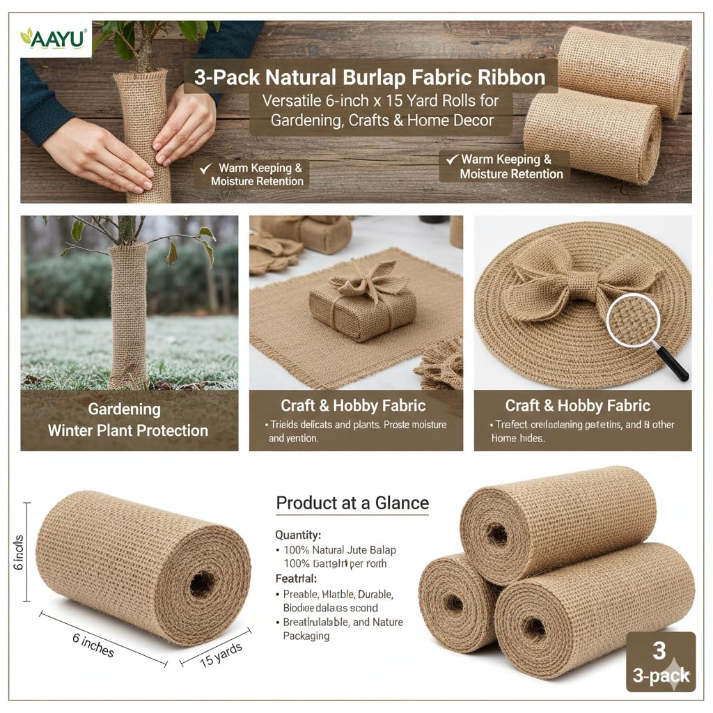 3-Pack Burlap Fabric Ribbon Natural Roll DIY (6Inch X 15yards) Tree Protector Wrap Plant Bandage Packing Winter Proof, Craft & Hobby Fabric, Warm Keeping and Moisture
