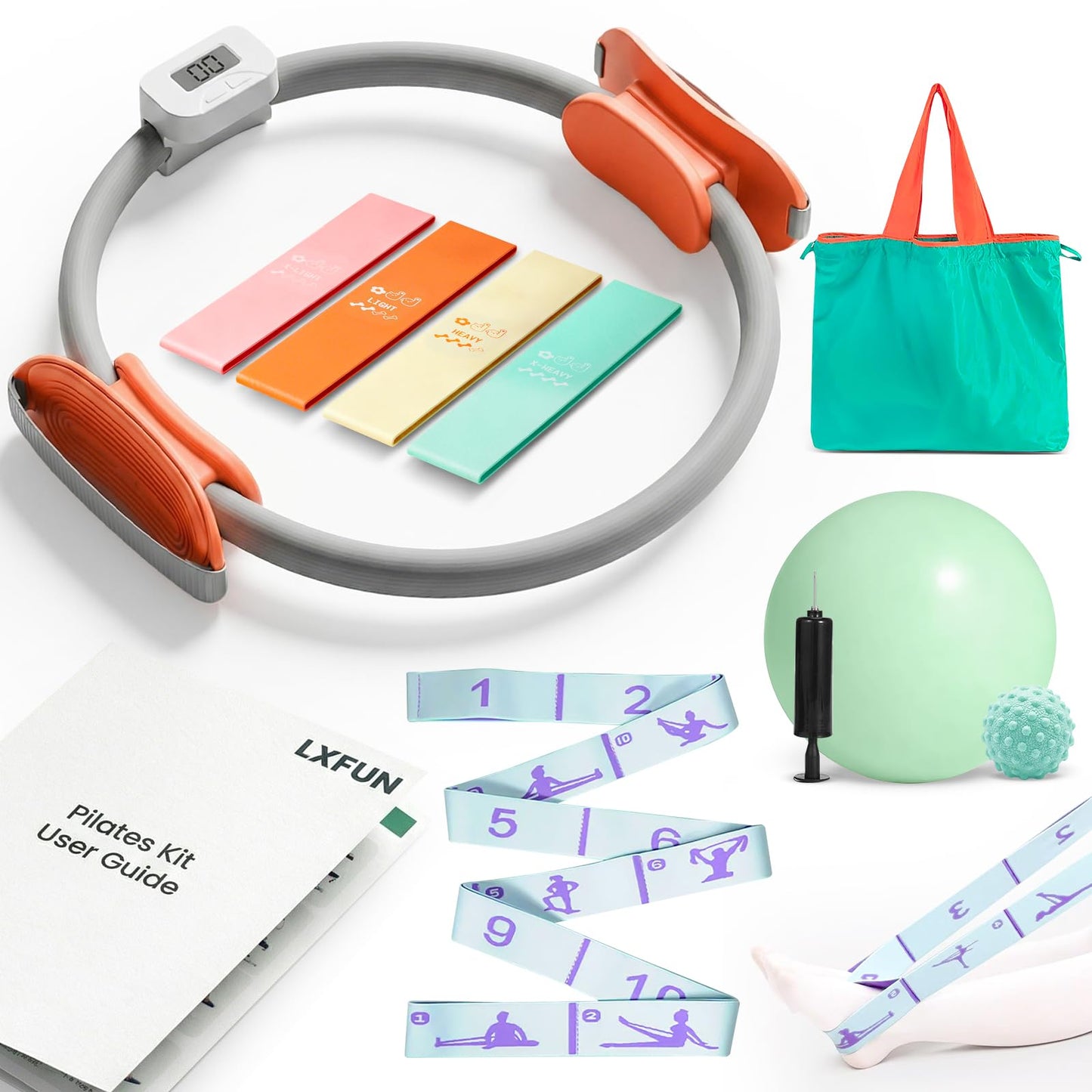 LXFUN Pilates Equipment Kit with Smart Counter Ring - 14" Pilates Ring and Ball Set with Yoga Ball, Resistance Bands, Stretching Strap, Massage Ball & Bag for Home Full Body Workouts