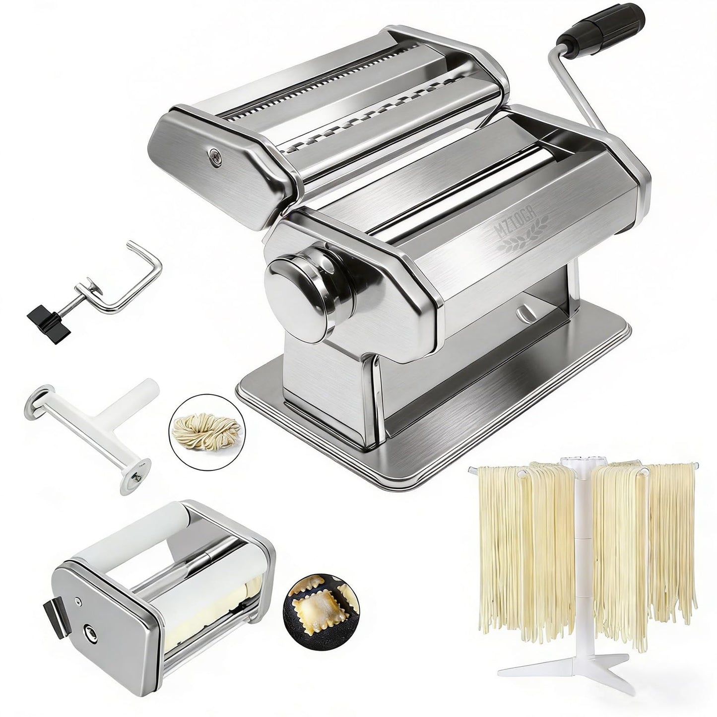 MZTOGR Pasta Maker Machine with 9 Adjustable Thickness Settings, 2 in 1 Noodle Maker Includes Pasta Cutter, Ravioli Maker Attachment & Pasta Drying Rack