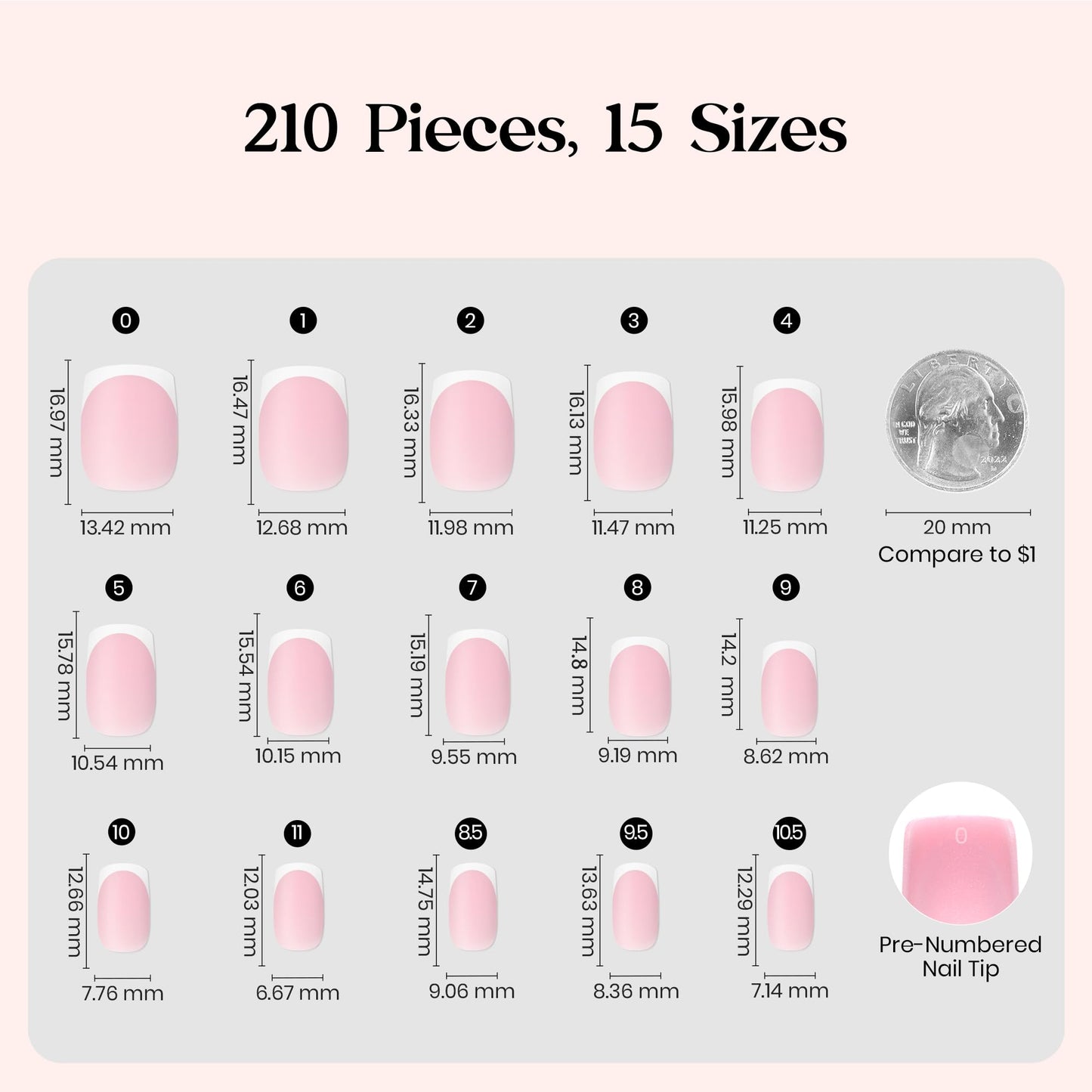 Beetles X Press Plus French Tip Nails - Peach French | Pink Extra Short Square Press On Nails | 15 Sizes 210 Pcs Natural Salon Quality Gel Nail Tips