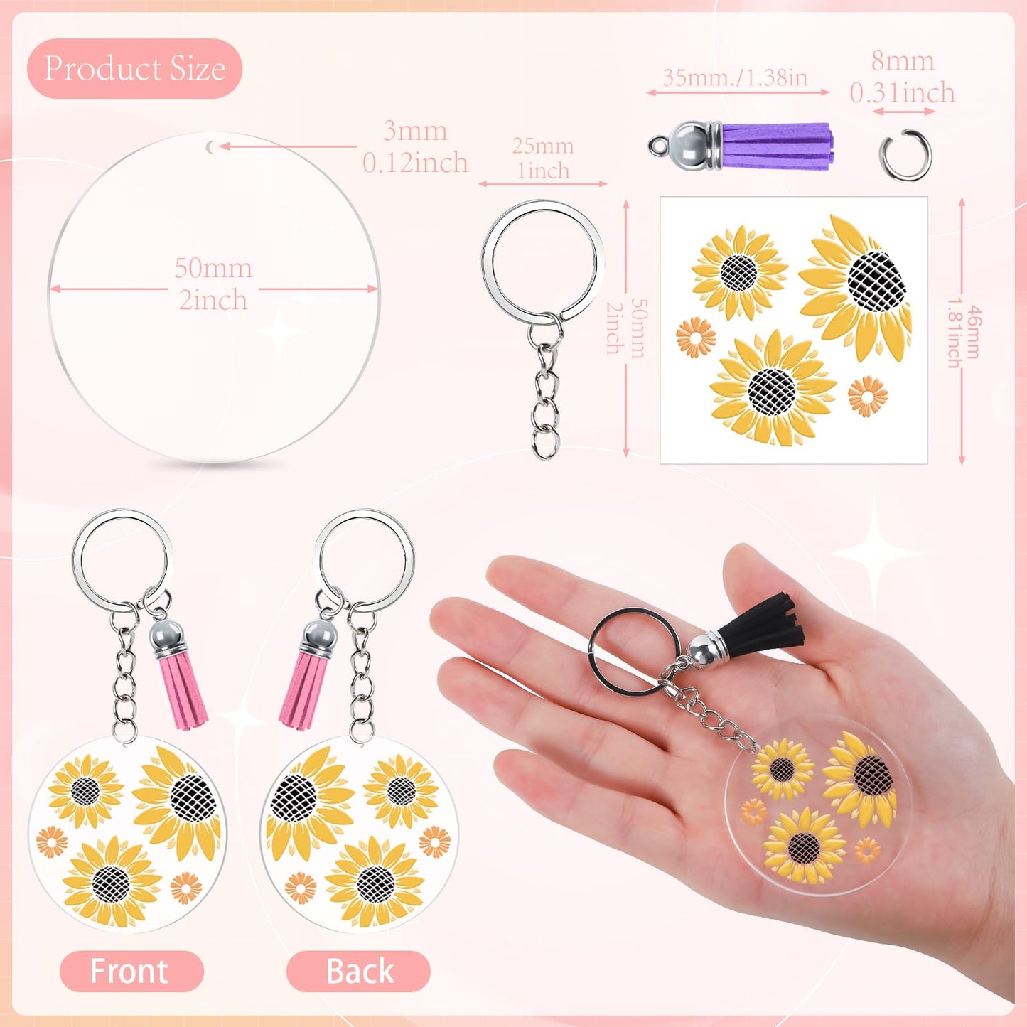 Shejdgart Acrylic Keychain Blanks Kit - 60 Pcs Clear Acrylic Blanks Set with 40 Sheet Double-Sided Printing Funny Humorous Quotes Cold UV DTF Transfer Stickers Tassels, DIY Keychain Crafts Gift