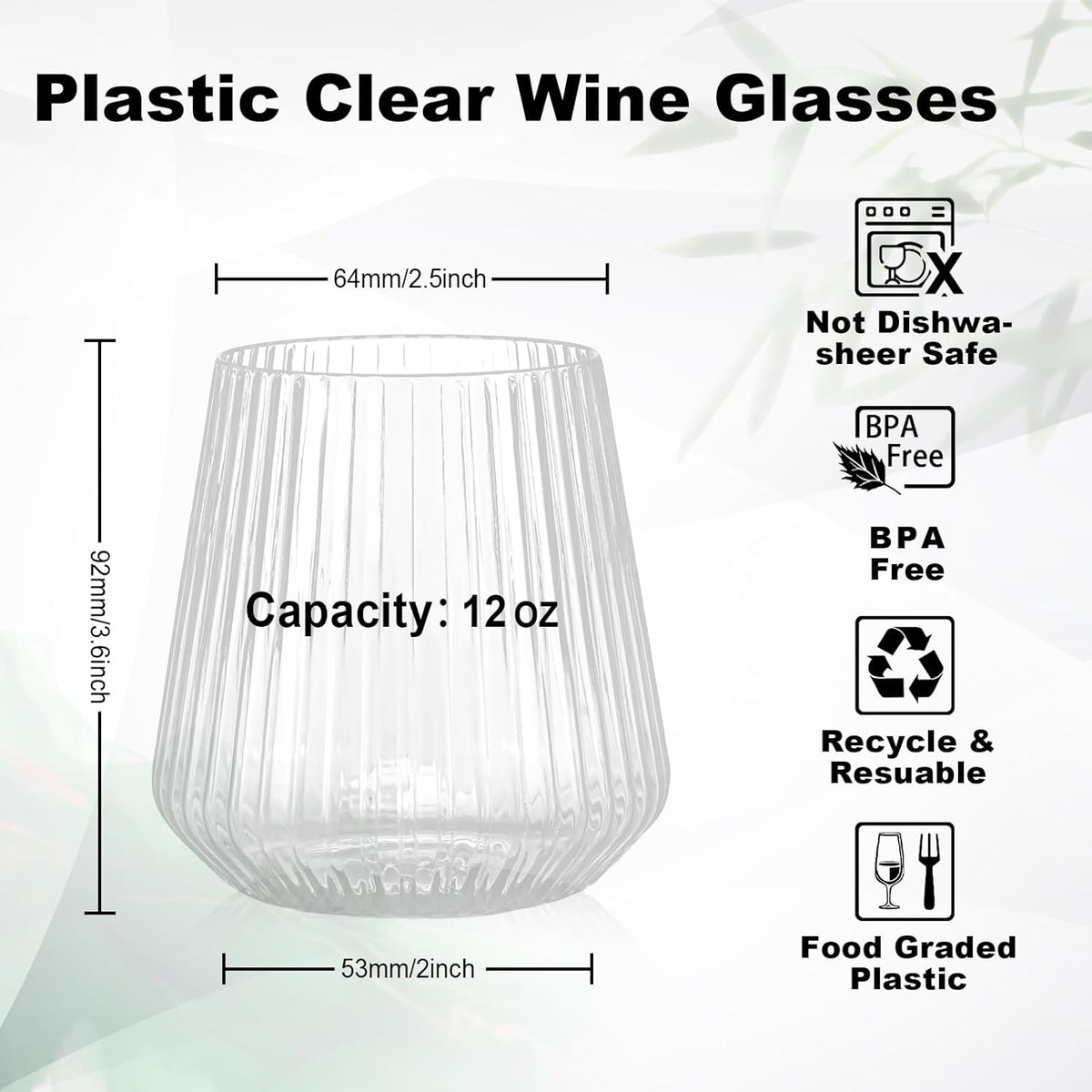 72 Pcs 12 oz Plastic Clear Ribbed Wine Glasses, Disposable & Reusable Champagne Glasses Elegant Whiskey Glasses Ideal for Weddings, Bars, Christmas, Halloween, Holidays, Pool Party, Daily Use