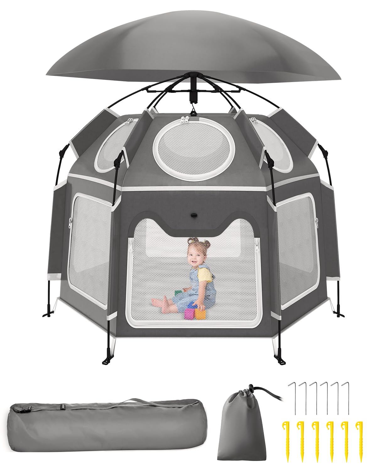 Pop-Up Portable Baby Playpen with UV Canopy, Waterproof Outdoor & Indoor Play Tent, Breathable Mesh Sides, Quick Setup Folding Baby Play Yard with Carry Bag & Stakes 59"