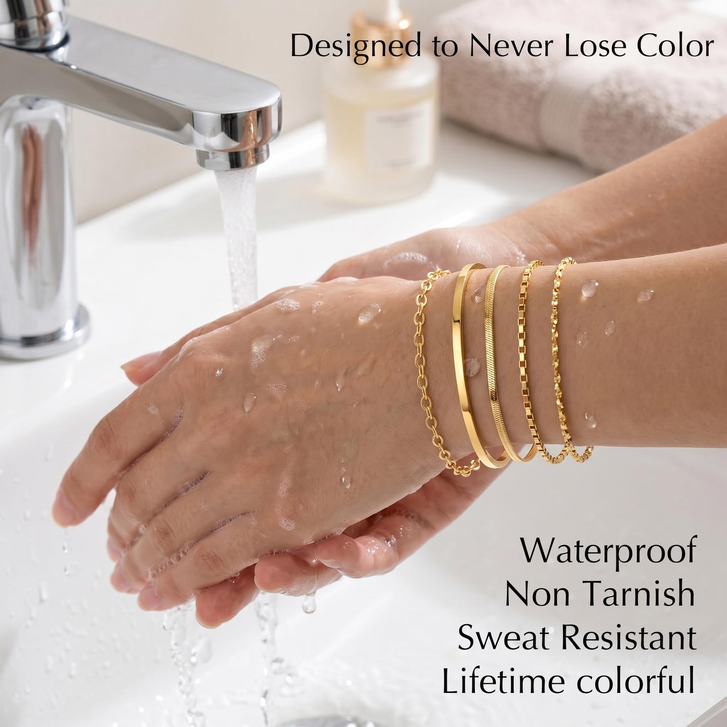 Chunky Gold Bracelets for Women Stack, Adjustable Set 14K Gold Plated on Copper, Stackable Bangle Cuff, Box Link, Figaro, Herringbone, Sparkling Chain, Waterproof Tarnish Resistant Jewelry Gift for Women