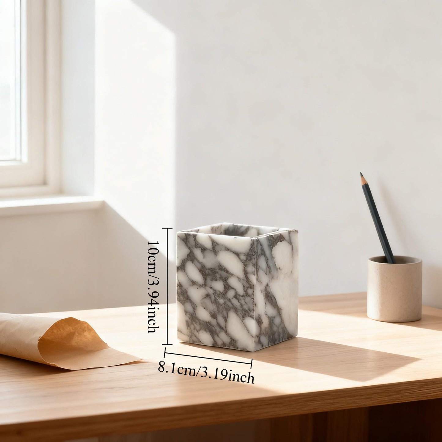 Artisanal Abode Marble Pen Holder, White Stone Rectangular Desktop Organizer, Office Study Makeup Brush Storage, Home Desk Decor, Minimalist Design, Durable Marble Accessory