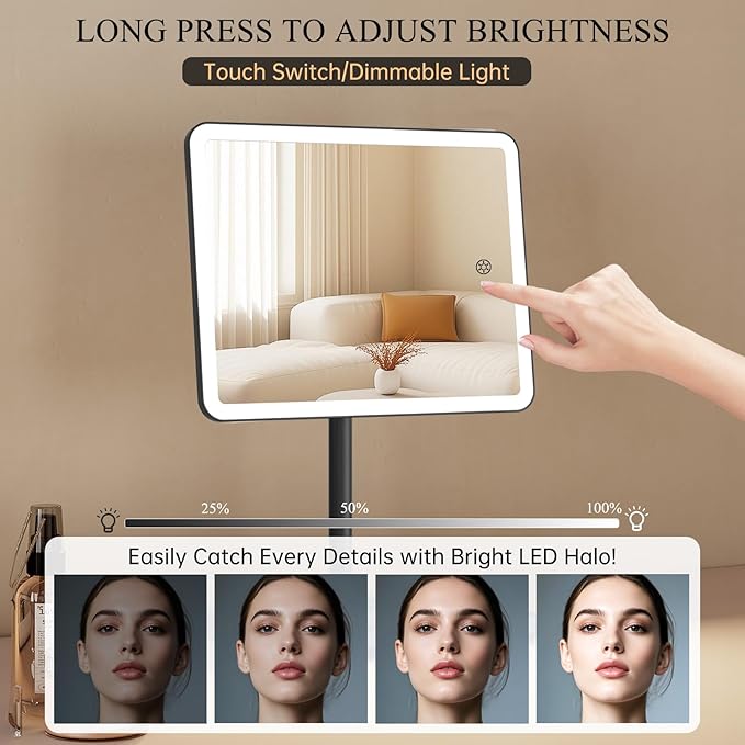 FUNTOUCH Vanity Mirror with Lights, Makeup Mirror with Lights,Smart Touch with 3-Color Lighting,Dimmable,Detachable 10X Magnification for Vanity Desk Tabletop,Black