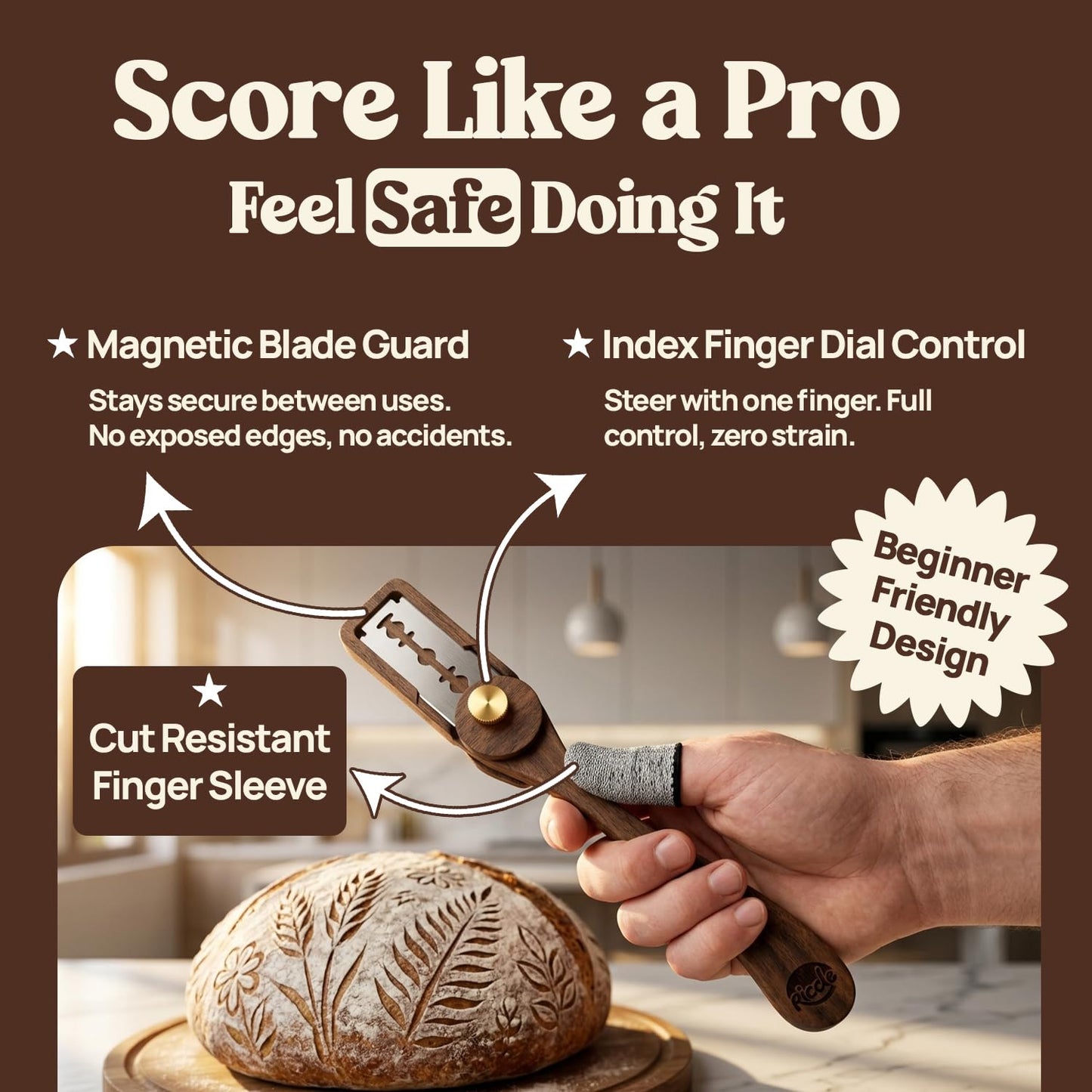 RICCLE Goose Bread Lame for Sourdough Bread, Walnut Wood Bread Scoring Tool with 15 Replacement Blades, Magnetic Safety Guard and Finger Sleeves for Artisan Baking