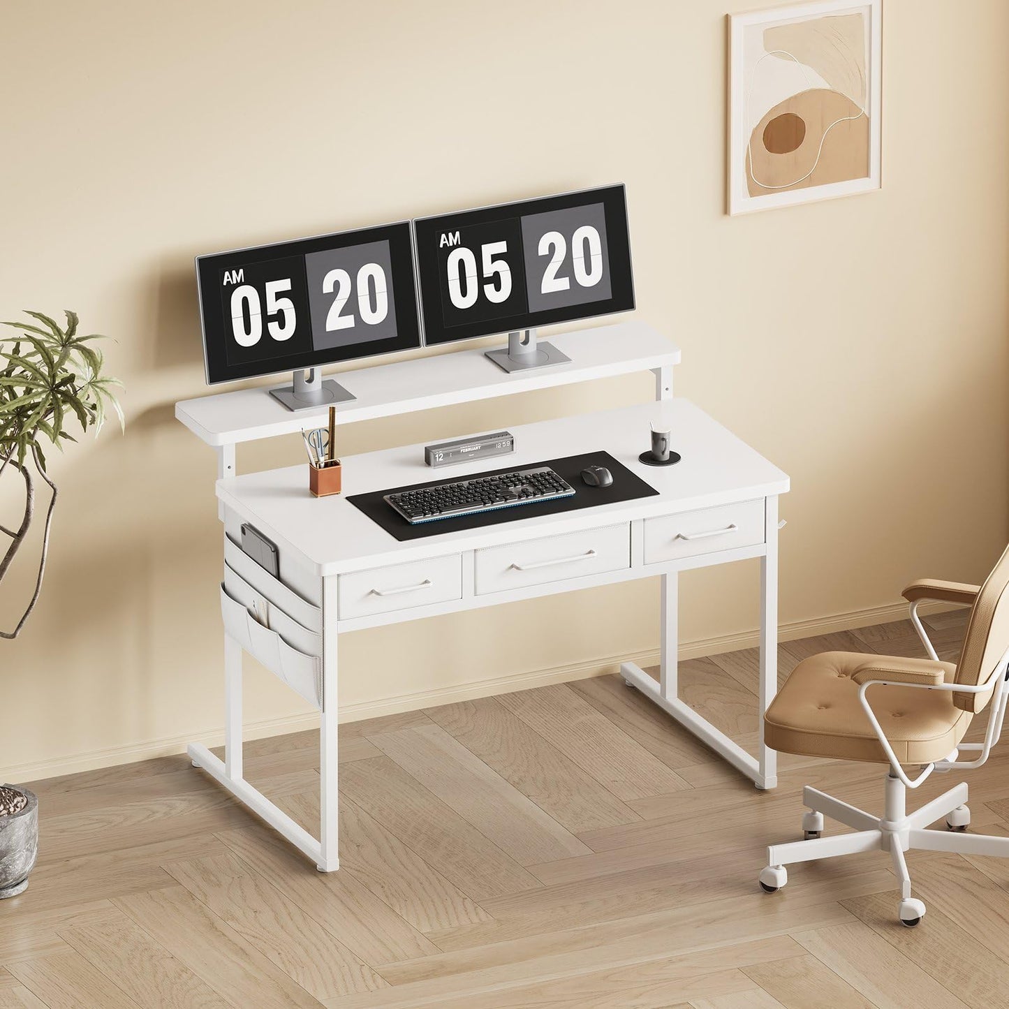 Maihail Small Desk with Drawers, 39.4X15.8-22.9 Inches Office Computer Desk with Side Pocket & Ergonomic Monitor Stand, Writing Table for Small Spaces, Bedroom, White