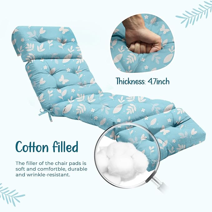 4 Pack Outdoor Chaise Lounge Chair Cushion 75.1 x 22.8 x 4.7 Inches 100% Waterproof Replacement Cotton Patio Pool Lounge Chair Cushion for Outdoor Furniture with Ties, Blue Butterfly