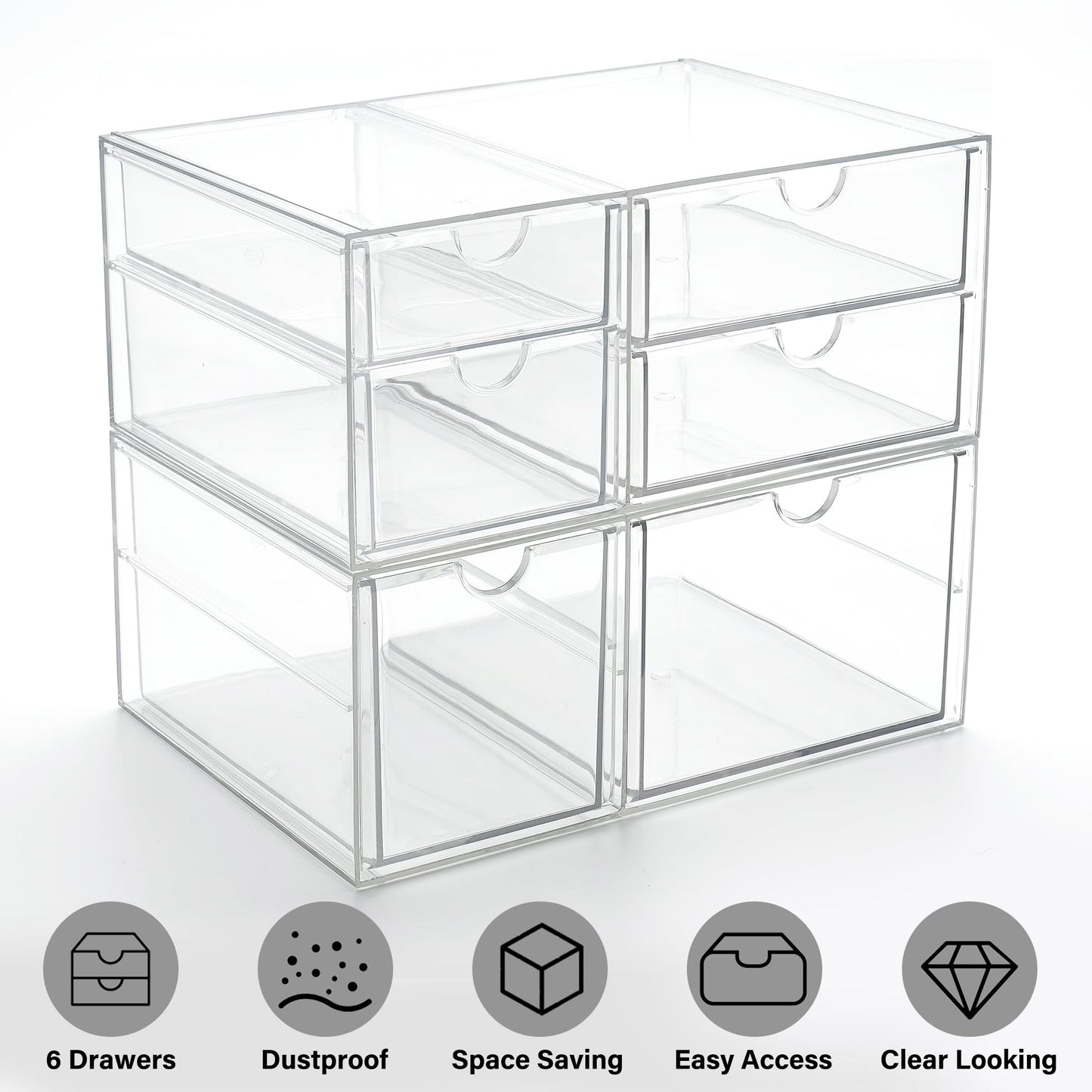 Prsildan Acrylic Drawer Makeup Organizer with 6 Drawers (Not for Baby Bottle), Set of 2 Office Desk Organizers Accessories, Clear Stackable Storage Drawers for Vanity, Craft (Largest Drawer 4" Tall)