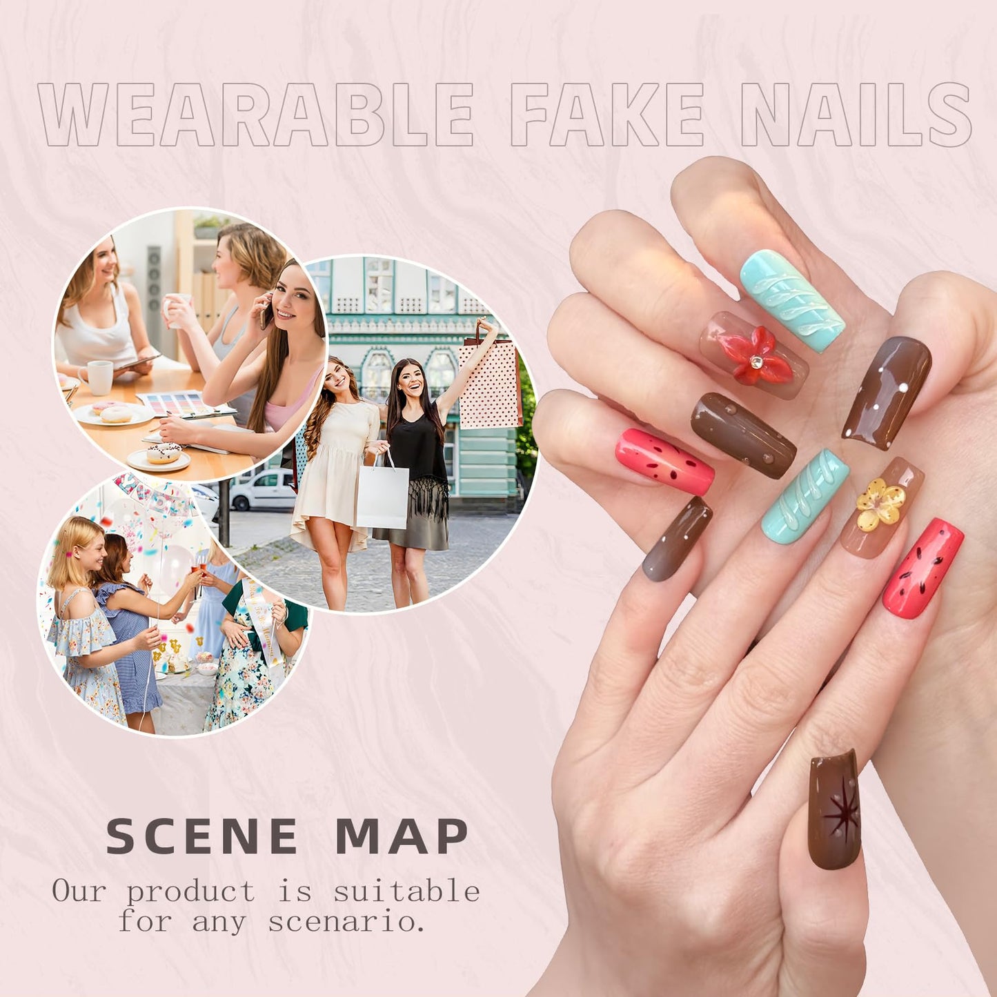 Luxury Handmade Press-On Nails - Vintage Brown 3D Floral Design, Long Coffin Acrylic False Nails | Reusable Fake Nails Kit（10PCS)