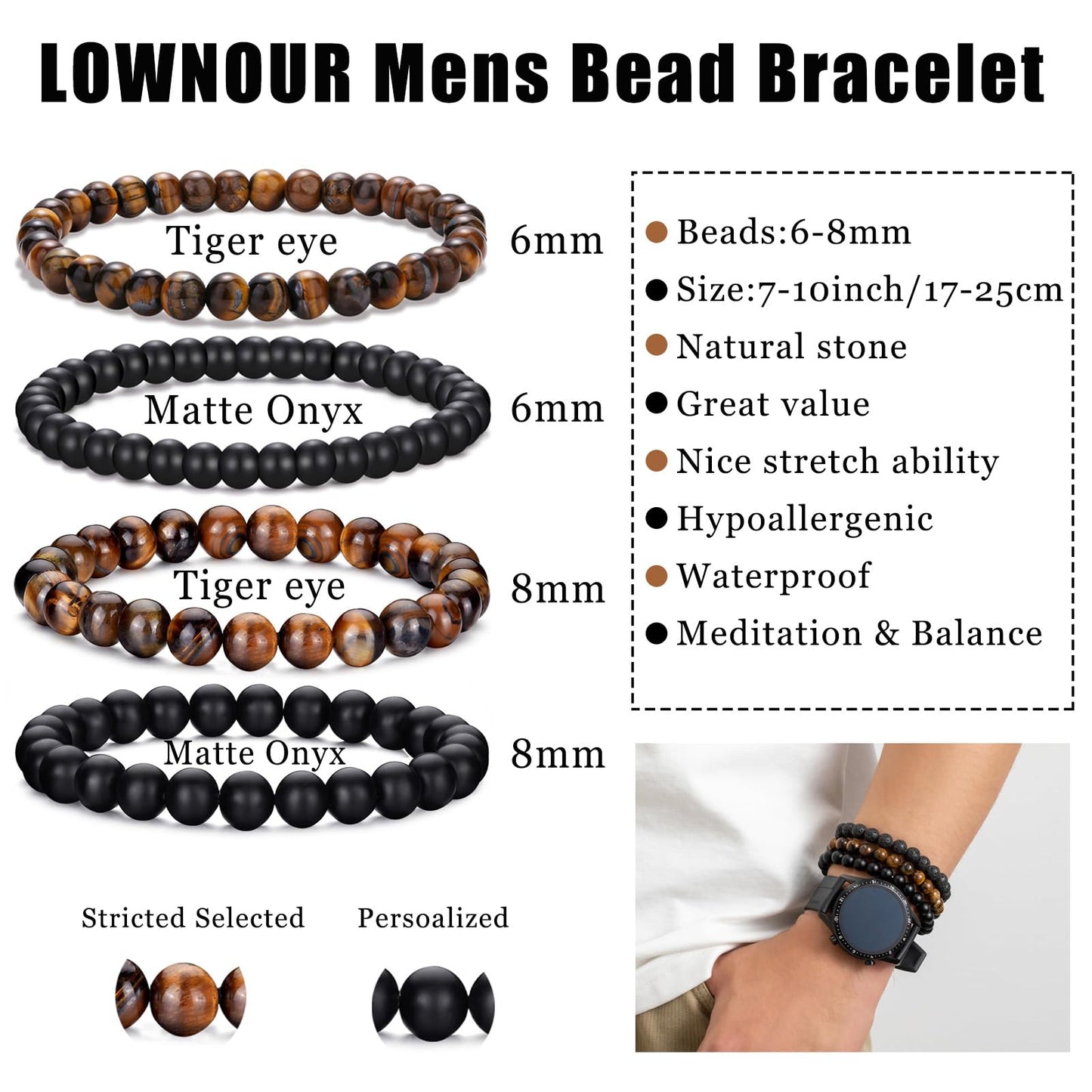 LOWNOUR Mens Bead Bracelet Adjustable Elastic Rope With 6&8MM Natural Stone Tiger Eye Bracelets for Men Gift 4pcs (Beaded Bracelets)