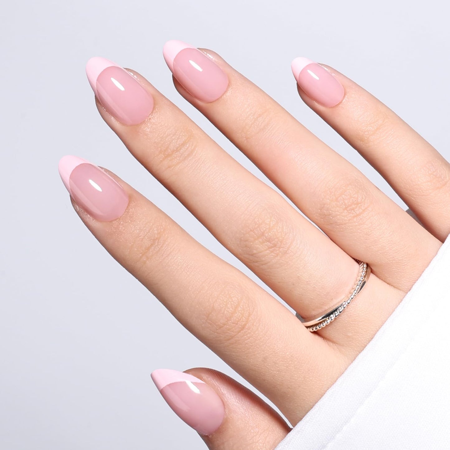 Pink French Tip Press On Nails - Short Almond Fake Nails with Nail Glue, Pink French Tip Press On Nails Reusable Stick On Nails in 16 Sizes 32 Nail Kit for Women | Salon Quality