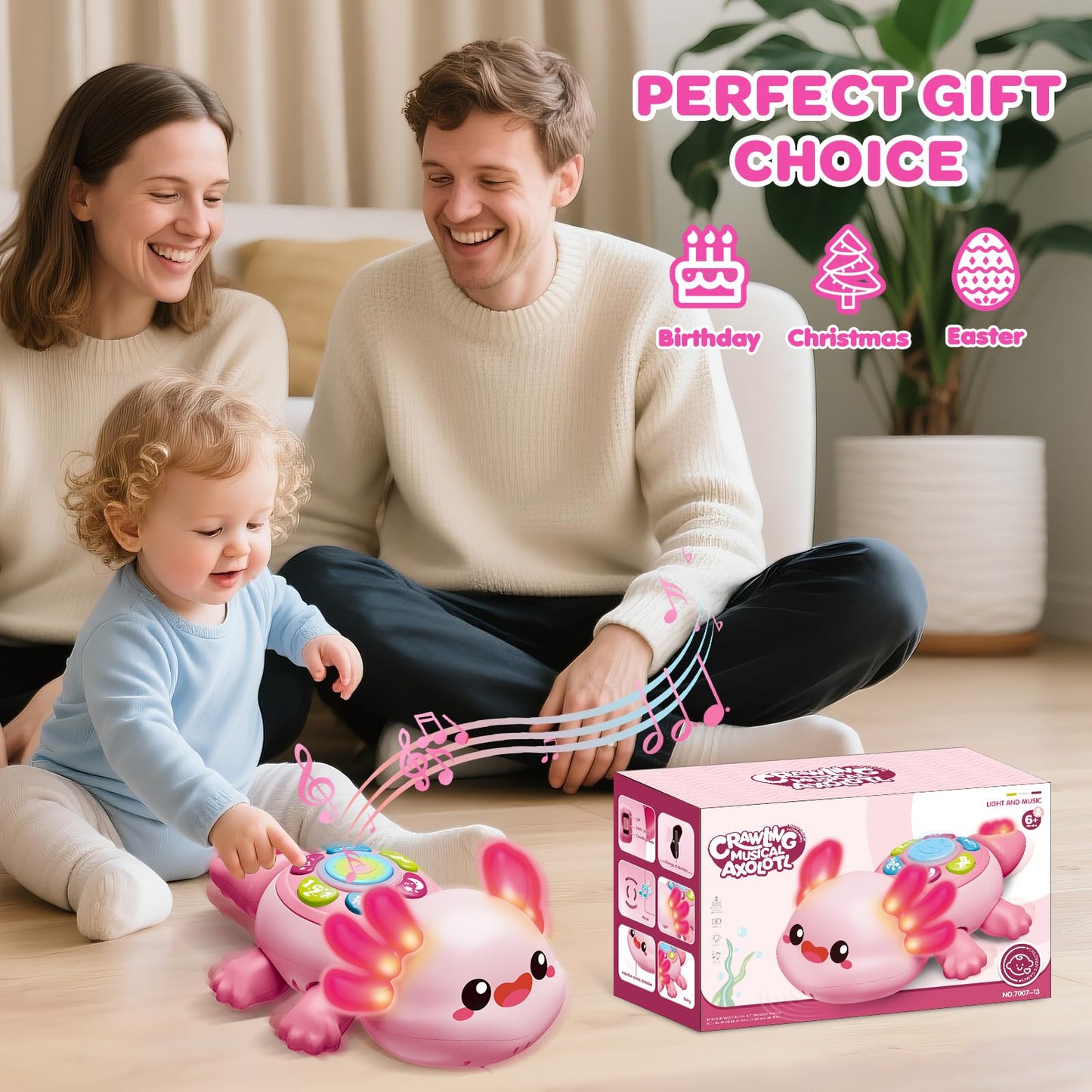 Baby Crawling Toy 6-12 Months, Tummy Time Musical Light-Up Axolotl Toy with Obstacle Avoidance, Interactive Early Educational Learning Toys for Infants 6-9-12 Months, Gift for 1 Year Old Boy Girl