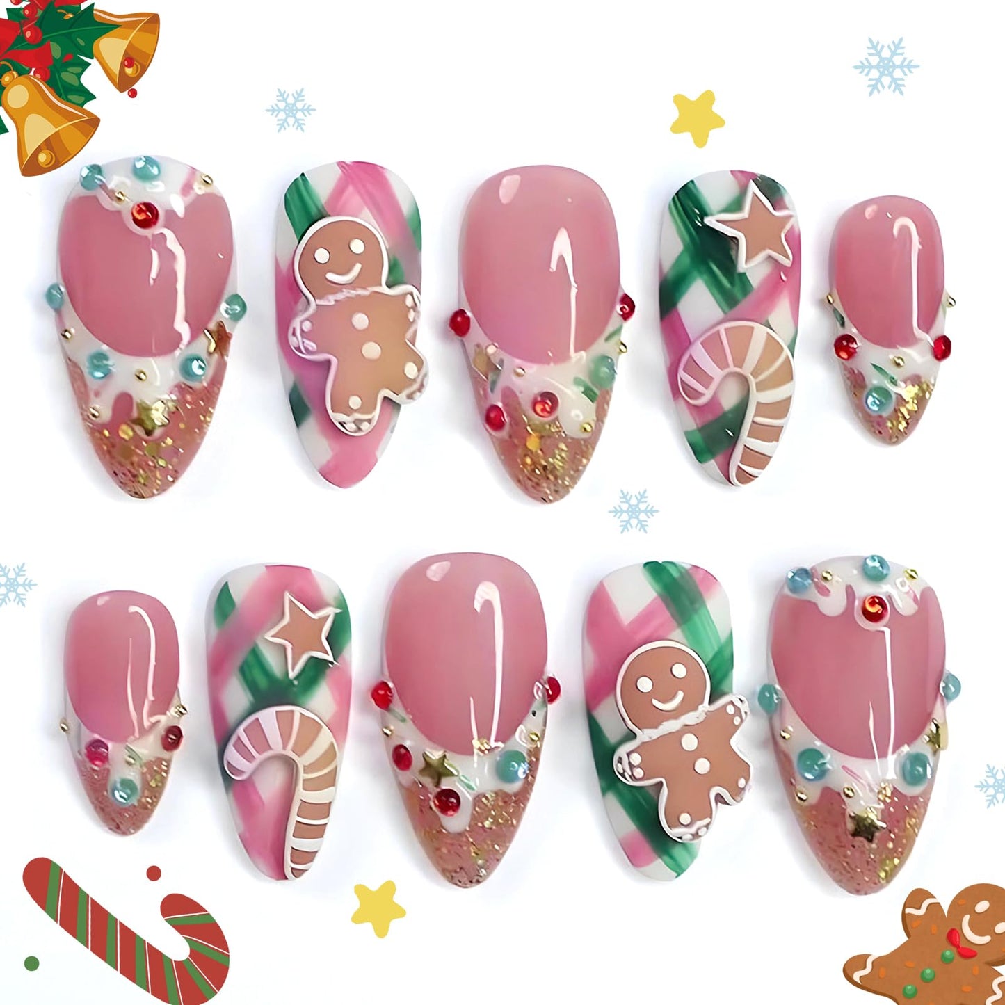HOSAILY Cute Pink Winter Press on Nails Short Almond Fake Nails with 3D Embossed Gingerbread Man Candy Star Design Rhinestone Glue on Nails,30pcs Glossy Bling Stick on Nail Press ons for Women