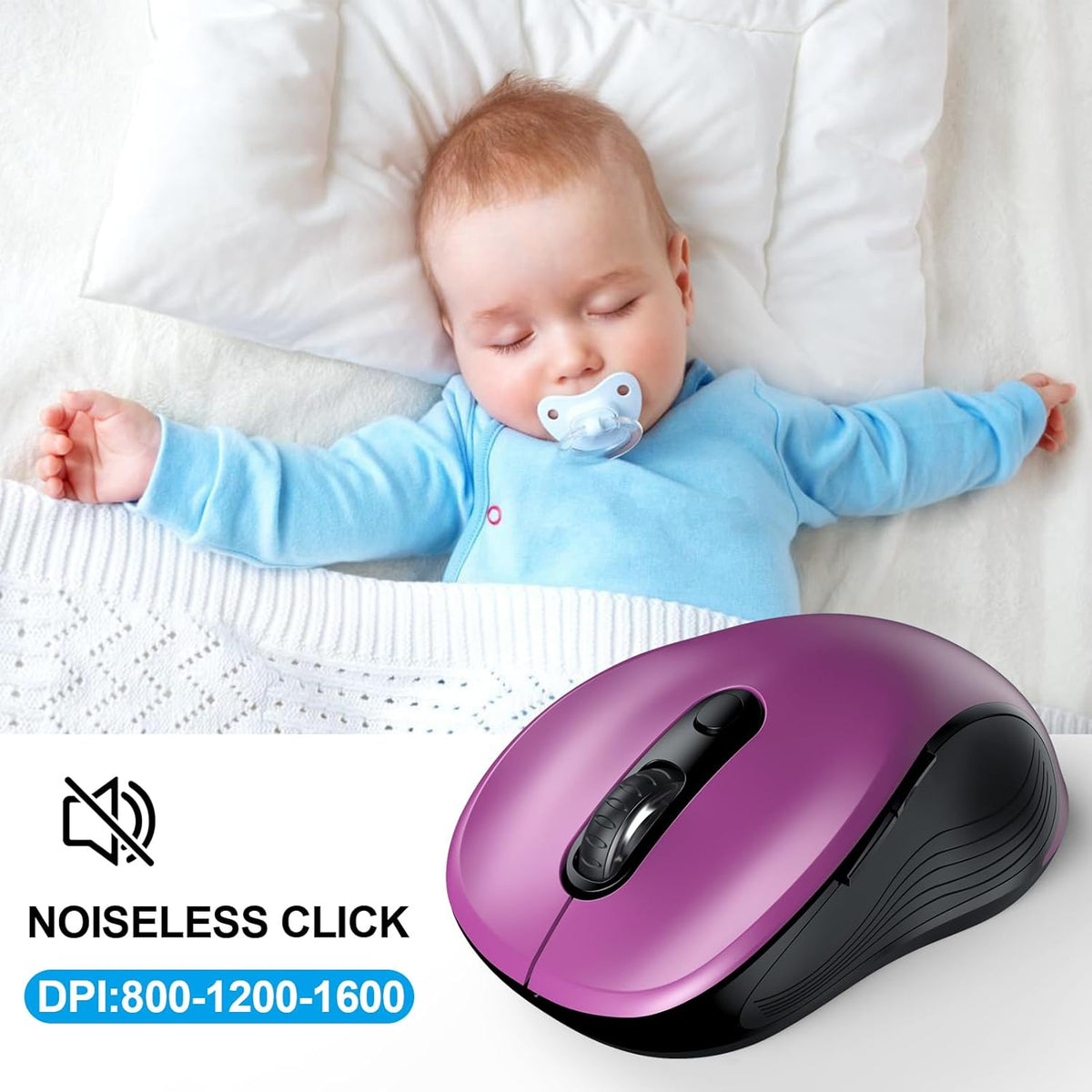 WisFox 2.4G Wireless Mouse for Laptop, Ergonomic Computer Mouse with USB Receiver and Type-C Adapter, 3 Adjustable Levels, 6 Button Cordless Wireless Mice for Windows Mac PC Notebook (Purple)