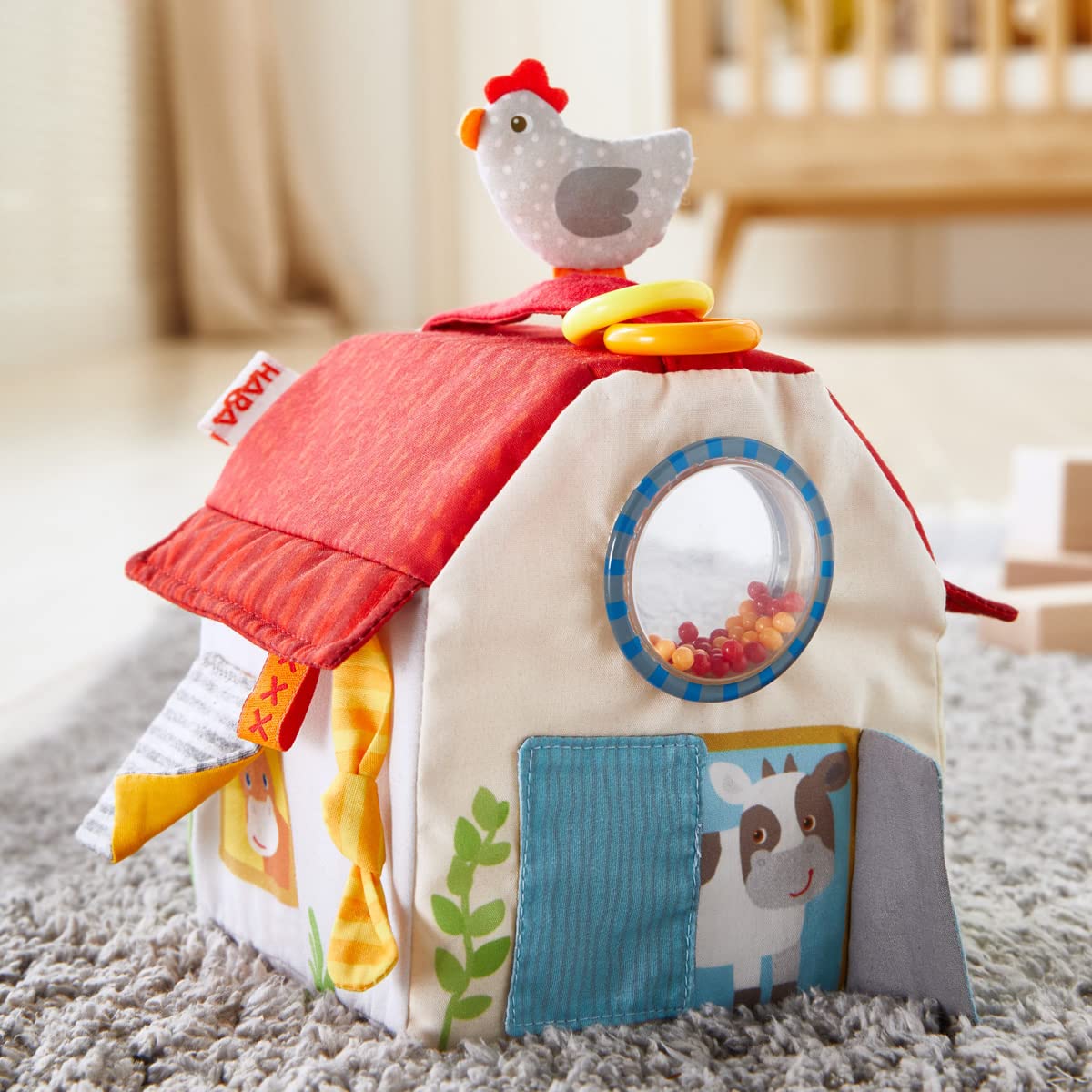 HABA Sensory Play Cube Farmyard - Infant Toys for Tummy Time and Best Toys for Baby Development for 6 Months+ with Rattle, Crinkle Sounds and Tactile Effects