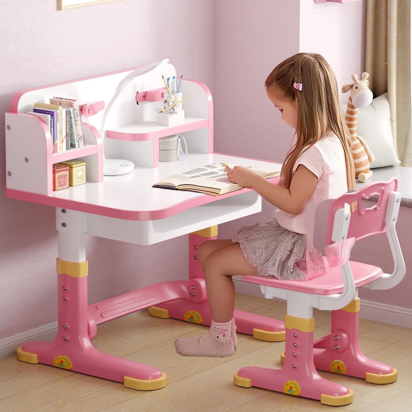 Xaperexi Kids Desk and Chair Set, Height Adjustable Child's School Study Writing Tables, Kids Desk with Bookstand and Storage Drawer, Widened Desktop with Desktop for Boys and Girls
