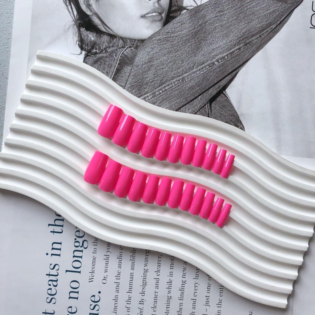 Hot Pink Press On Nails Medium Long Square, Xcreando Medium Coffin Nails Acrylic Press ons Glue on Nails Long Length, Solid Color Fake Nail for Women, Natural Thick Artificial Nail Stick on, Neon Pink