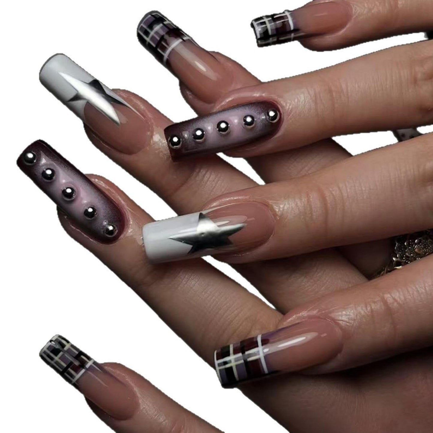 Long Press on Nails Square Fake Nails Brown Acrylic Nail Press Ons Seeneey Stars and Silver Charm Designs Rhinestones Stick on Nail for Women 24pcs