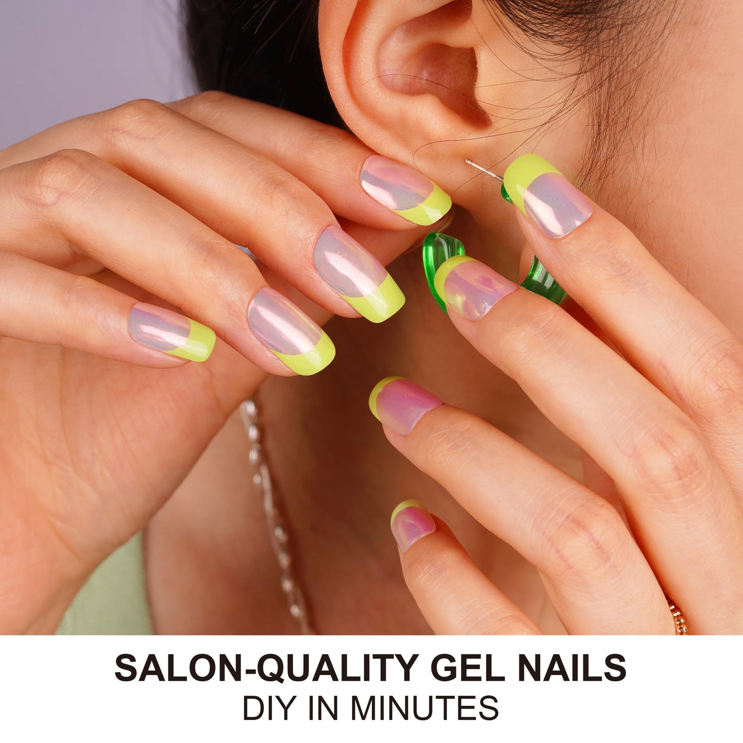 DANNI & TONI Semi Cured Gel Nail Strips Neon Green French Tips Aurora Gel Nail Wraps Mirror Nails 28 Stickers | Neon Petal