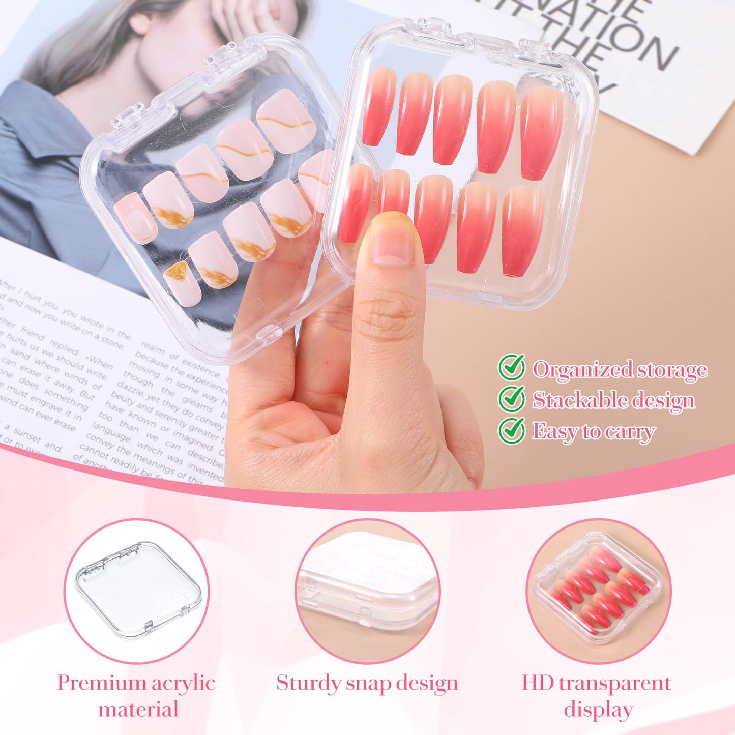 50pcs Press On Nail Storage Box with 180 Pcs Adhesive Double Sided Tape Clear Artificial Nail Display Case Acrylic Nails Boxes Press On Nails Packaging Box NailContainer for Salon Storage Display Art