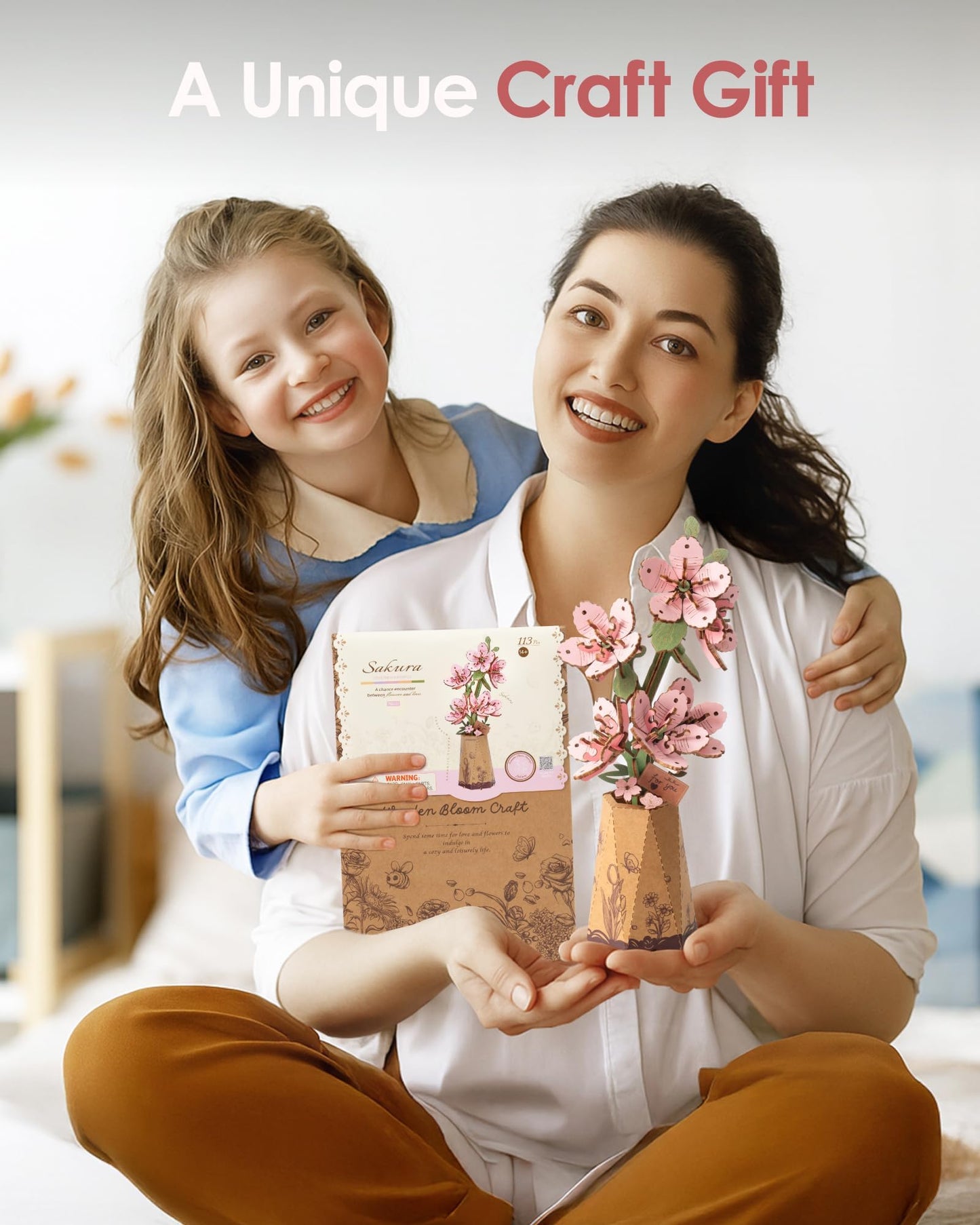 ROBOTIME 3D Puzzle Sakura TW101, DIY Wooden Flower Craft, Artificial Flowers Model Kit to Assemble for Adults, Home Decoration and Valentine's Day Toy Gift Set