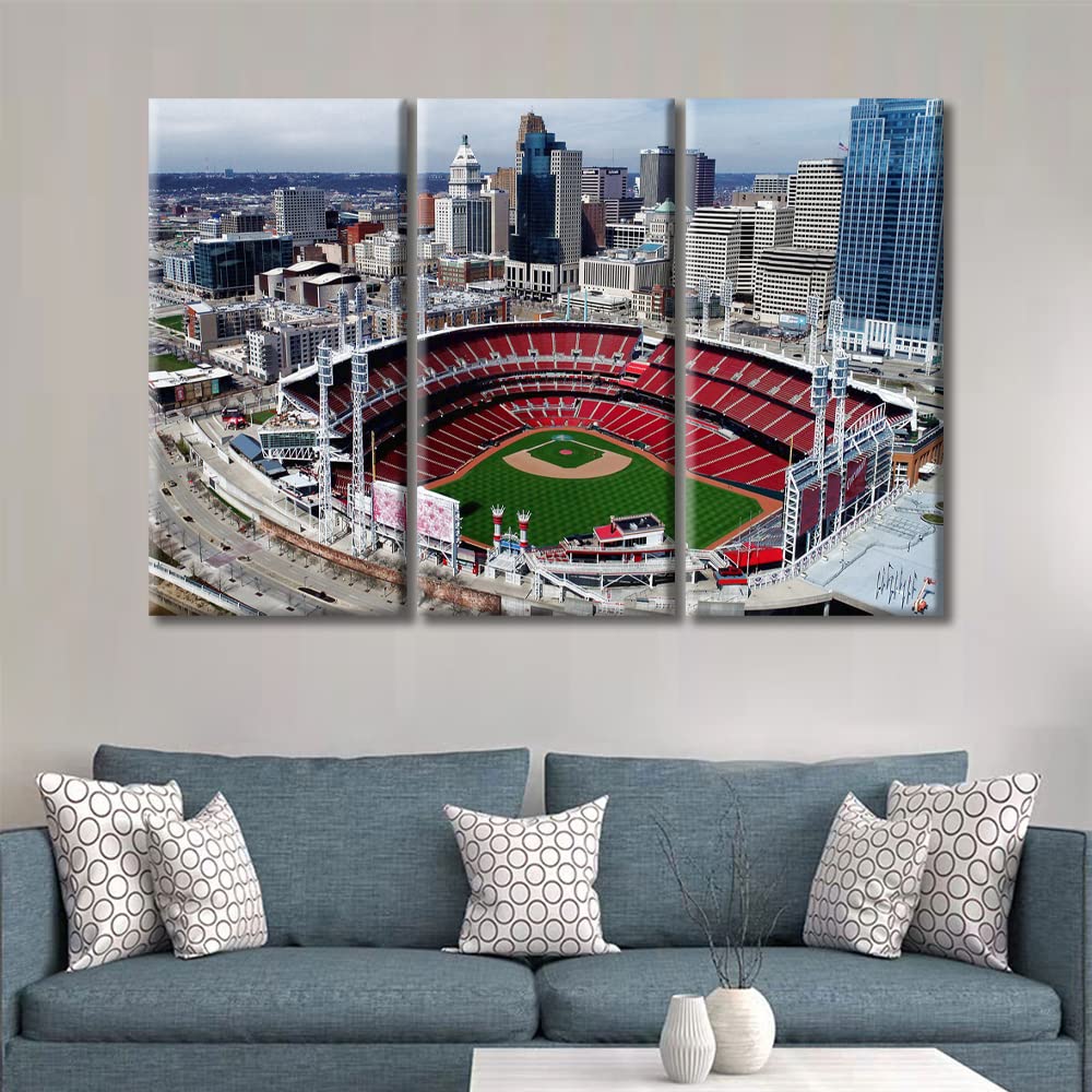 3 Panel Great American Ball Park Baseball Stadium Canvas Wall Art Cincinnati America Baseball Stadium Sports Posters and Prints Bathroom Decor Wall Art House Decor Framed Ready to Hang (36"Wx24"H)