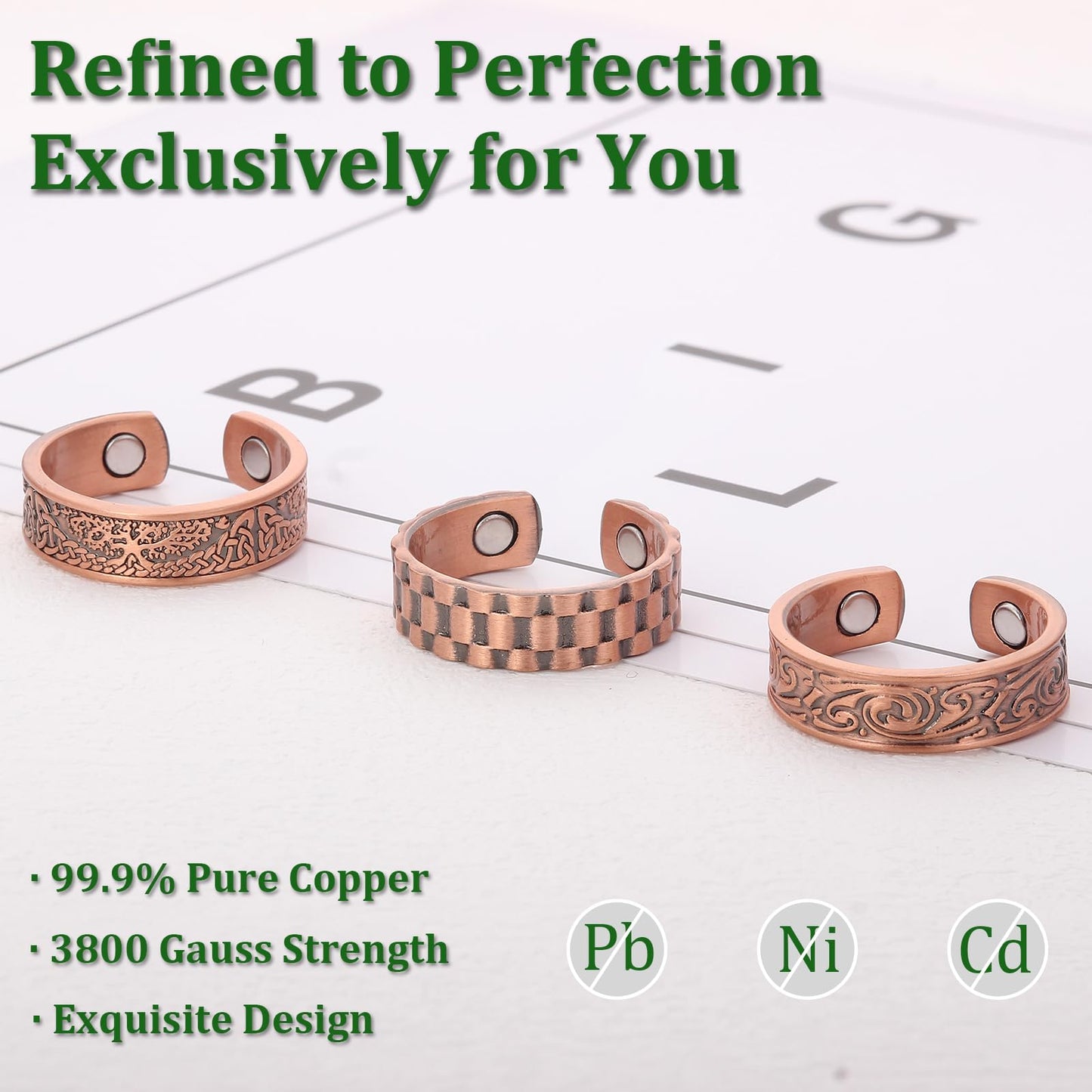 Fashtour 3 Copper for Men, 99.99% Solid Pure Copper, 3pcs 3500 Gauss #9 Tree of Life Vintage Pattern Adjustable Cuff